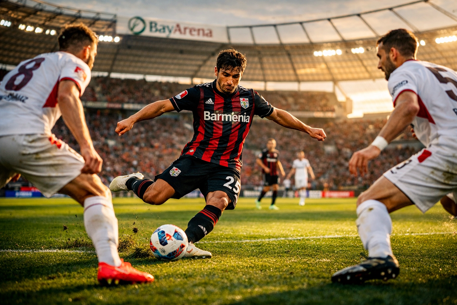 Bayer Leverkusen Mittelfeldspieler Alex Garcia bei präzisem Pass unter Gegnerdruck
