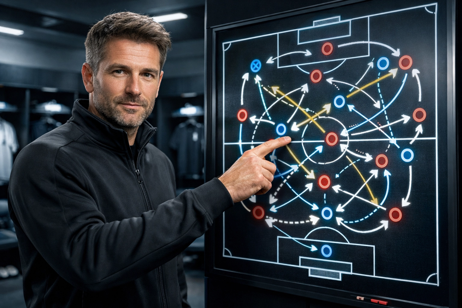 Fußballtrainer analysiert moderne Positionsrotationen an der Taktiktafel