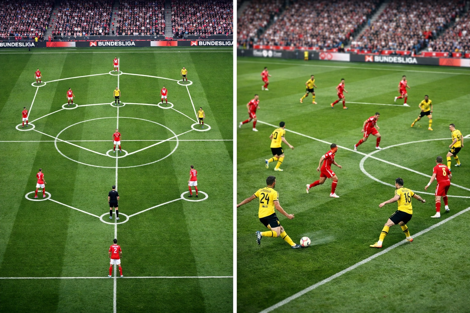 Bundesliga Match zeigt Formationswechsel von 4-2-3-1 zu asymmetrischem 3-1-6 während des Spiels