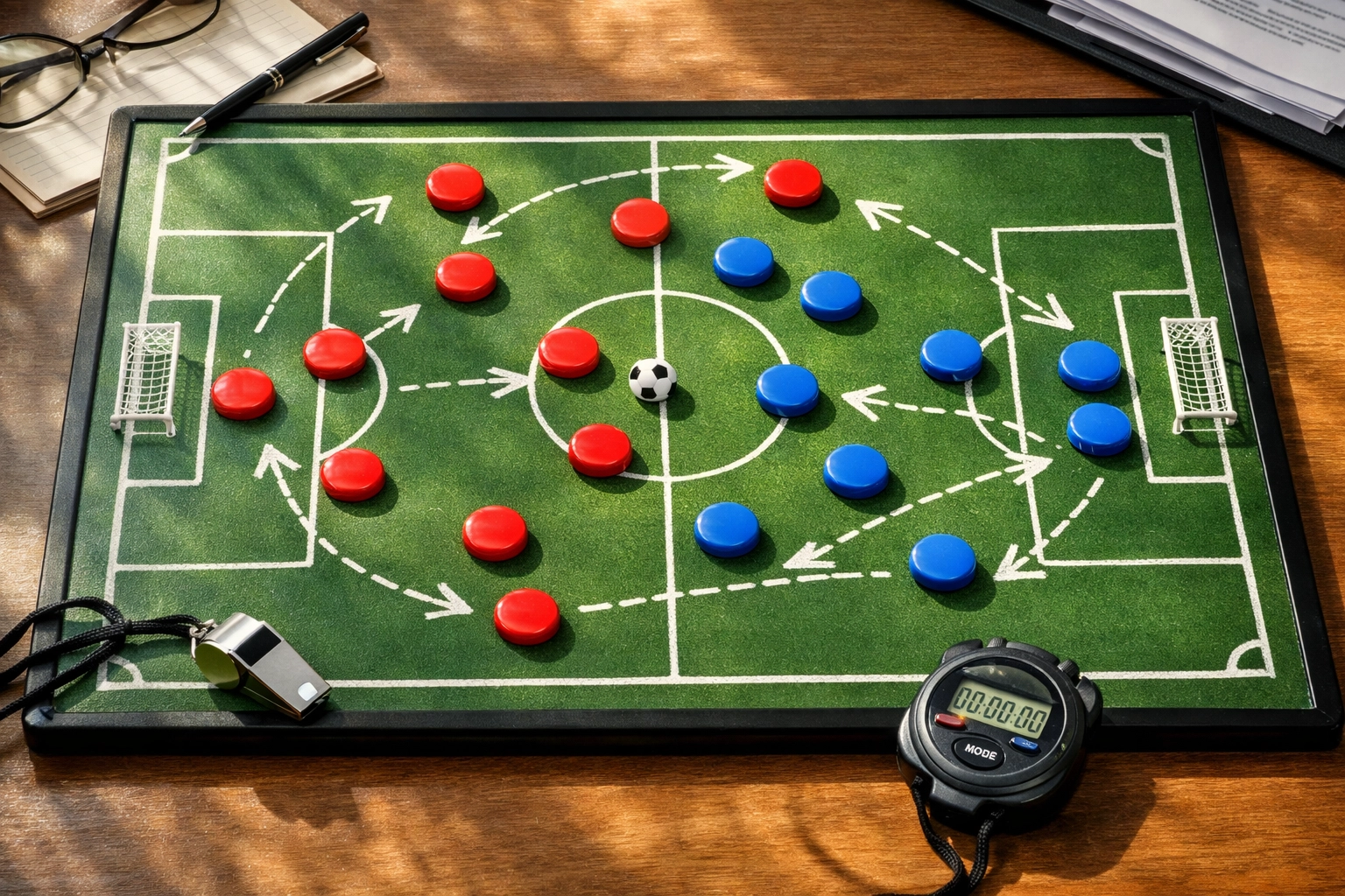 Taktiktafel mit Spielerformationen für BTTS-Strategie-Analyse
