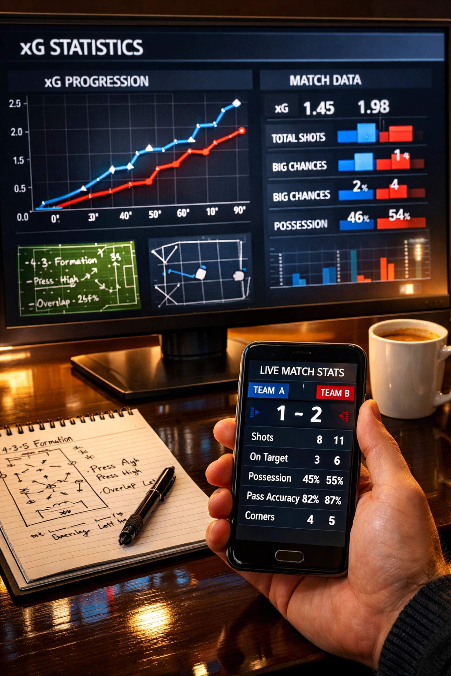 Arbeitsplatz eines Wettanalysten mit xG-Statistiken und Live-Matchdaten auf Bildschirmen