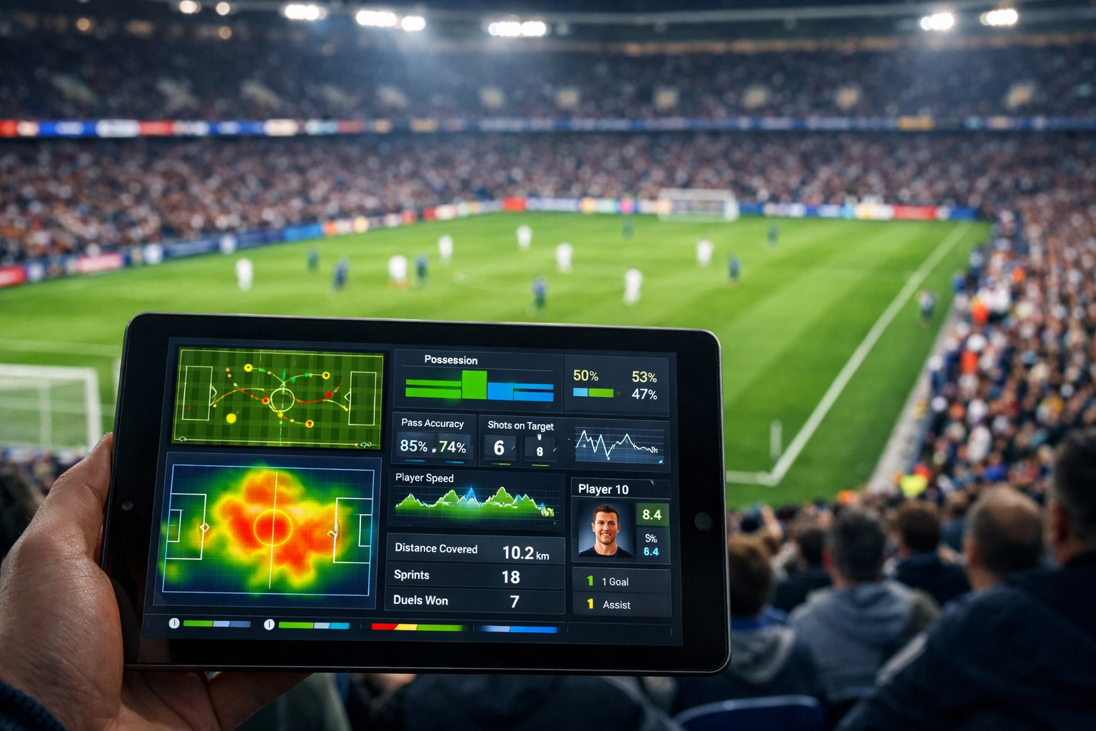 Live-Analyse im Stadion mit Tablet und statistischen Daten während des Fußballspiels