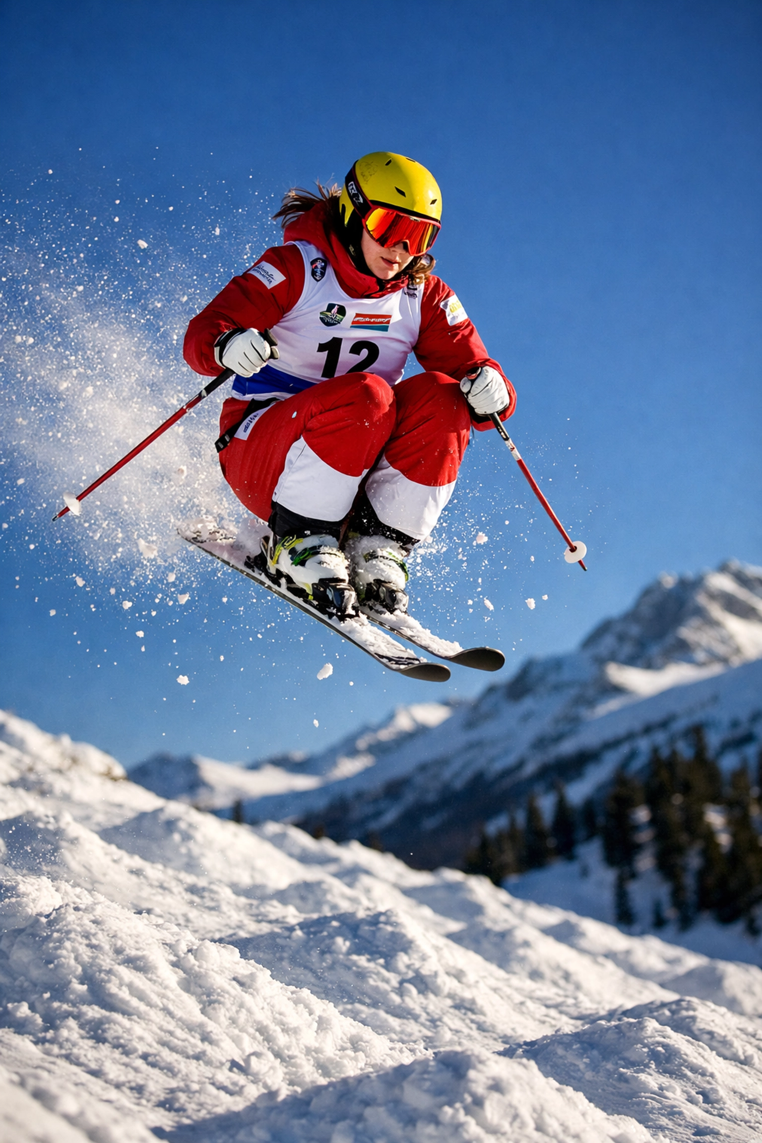 Freestyle Ski Moguls Athletin beim Sprung – Olympia Milano Cortina 2026