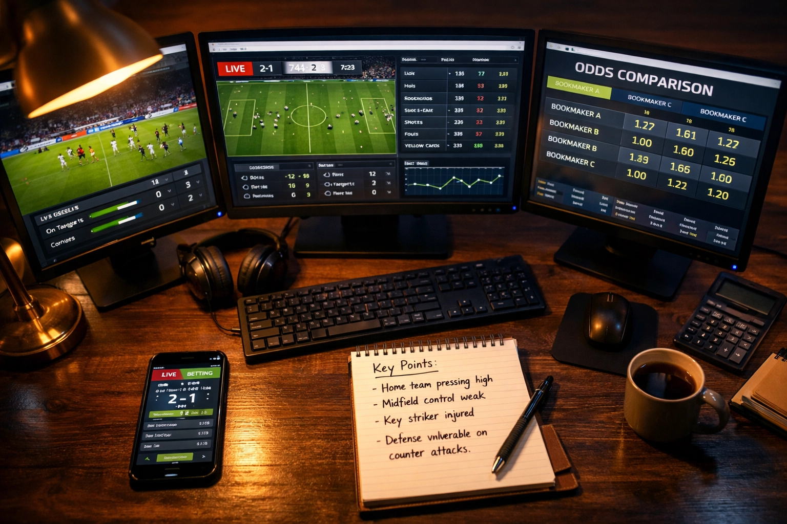 Sportwetten-Analyst Arbeitsplatz mit Live-Quoten und Statistiken auf Monitoren