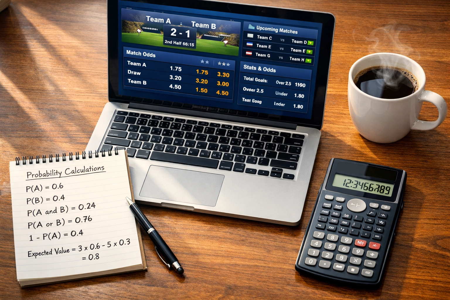 Value Betting Analyse mit Wahrscheinlichkeitsberechnung und Sportwetten-Quoten auf Laptop