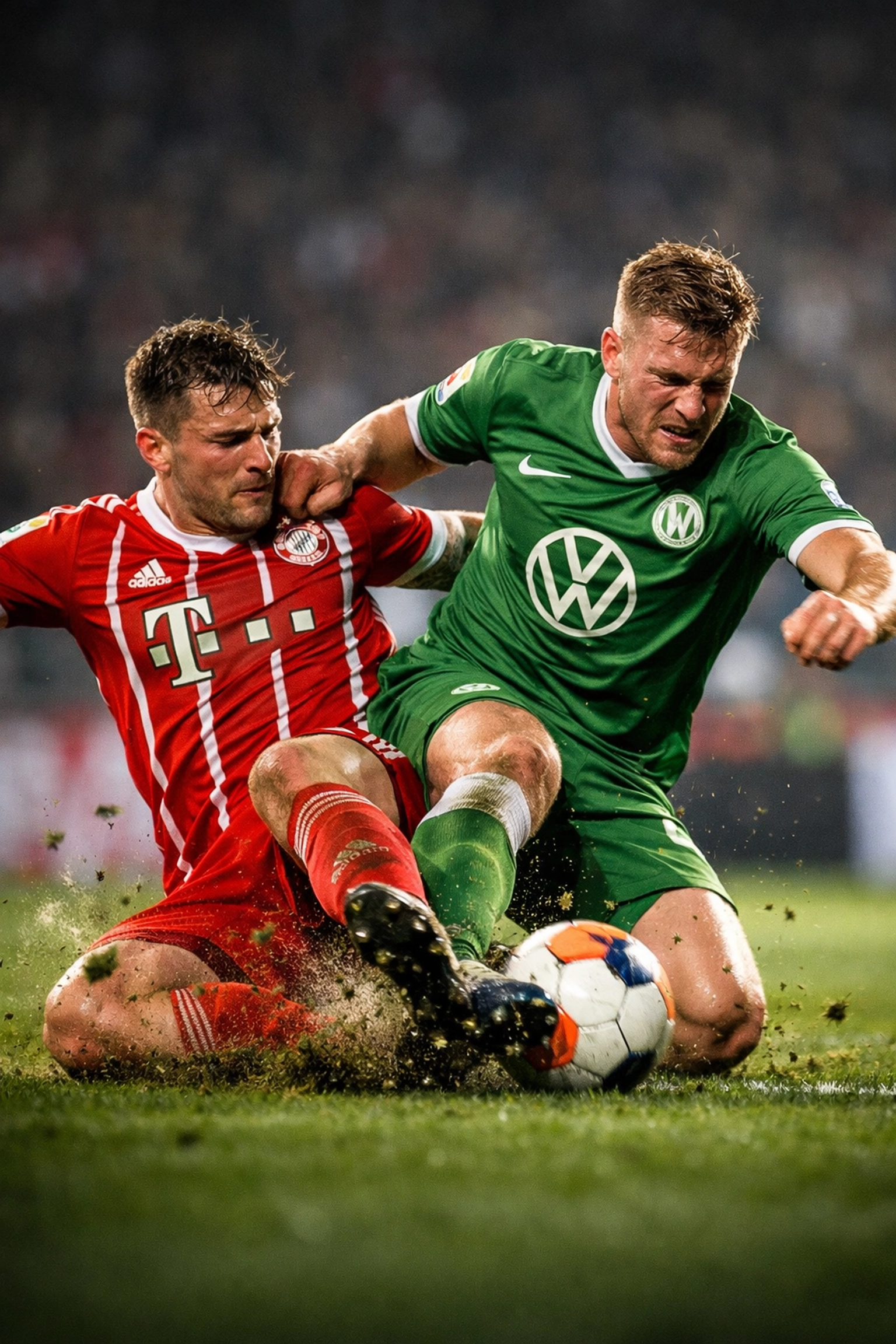 Intensiver Zweikampf zwischen Bundesliga Spielern im Kampf um den Ball