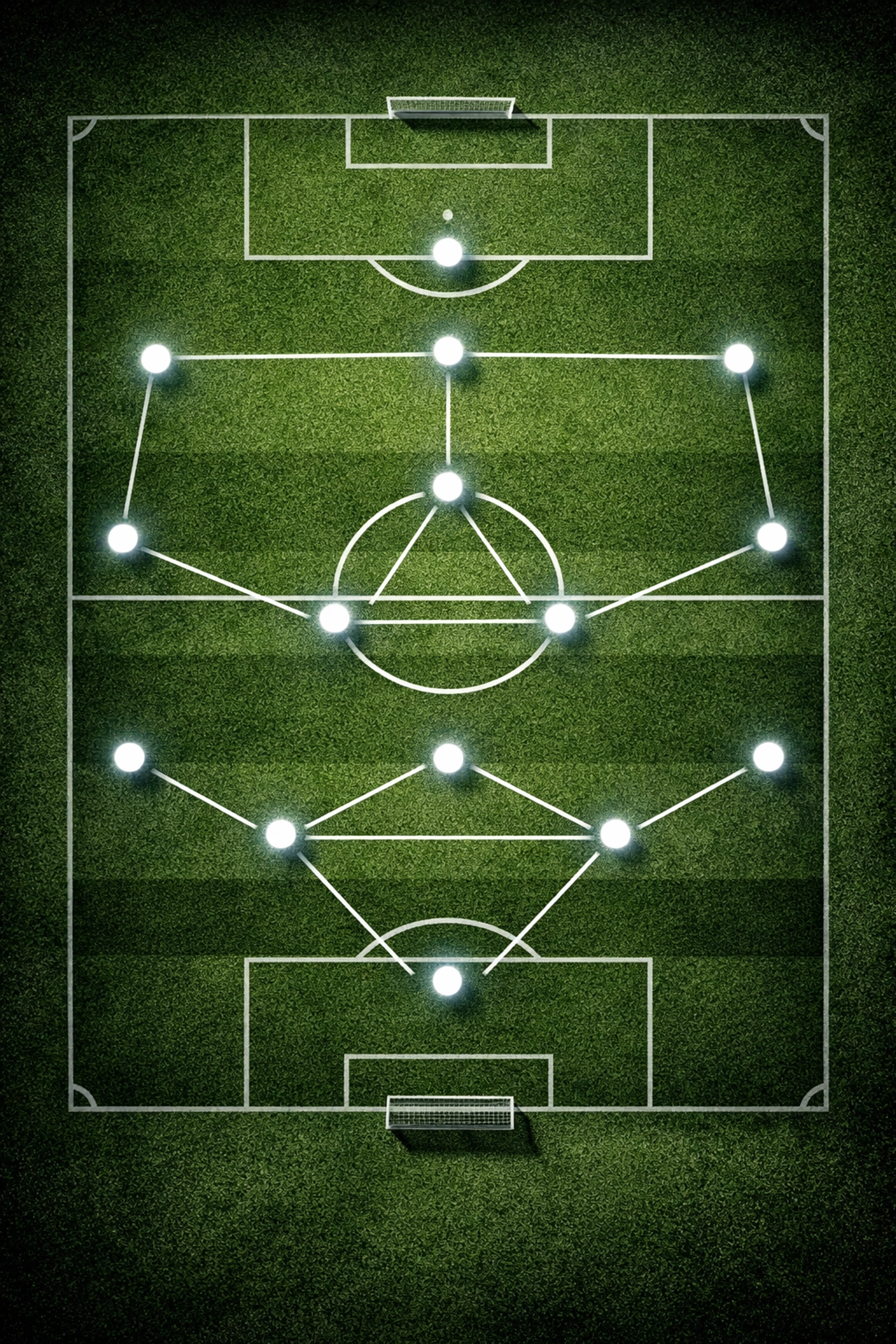 Taktisches Diagramm des 4-2-3-1 Systems mit Spielerpositionen auf dem Fußballplatz