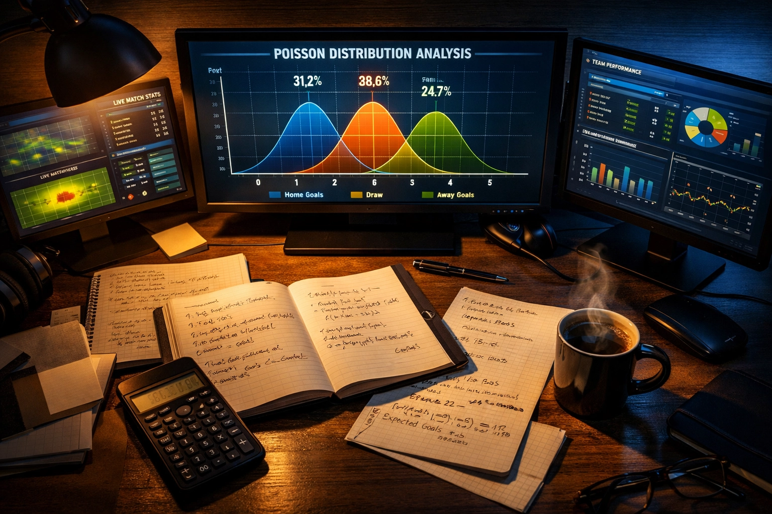 Sportwetten-Analyse mit Statistiken und Datenvisualisierung auf mehreren Monitoren