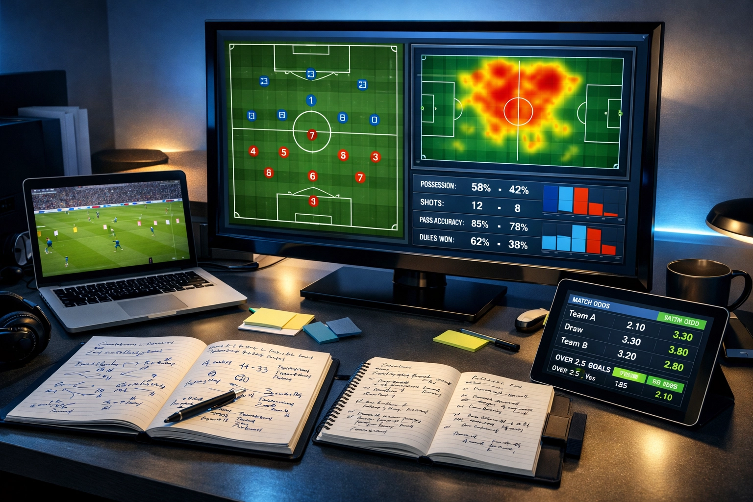 Sportwetten Analyse Setup mit Taktik-Diagrammen und Live-Quoten