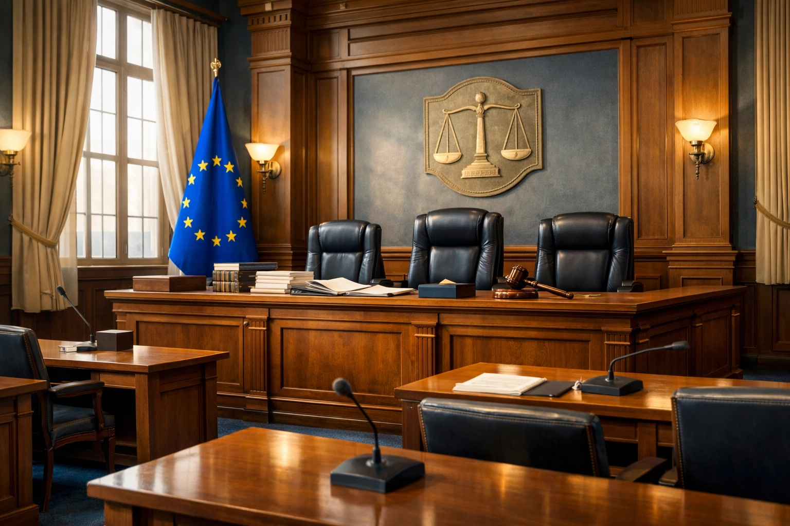 EuGH-Gerichtssaal mit EU-Flagge symbolisiert anstehende Entscheidung zu Sportwetten Deutschland