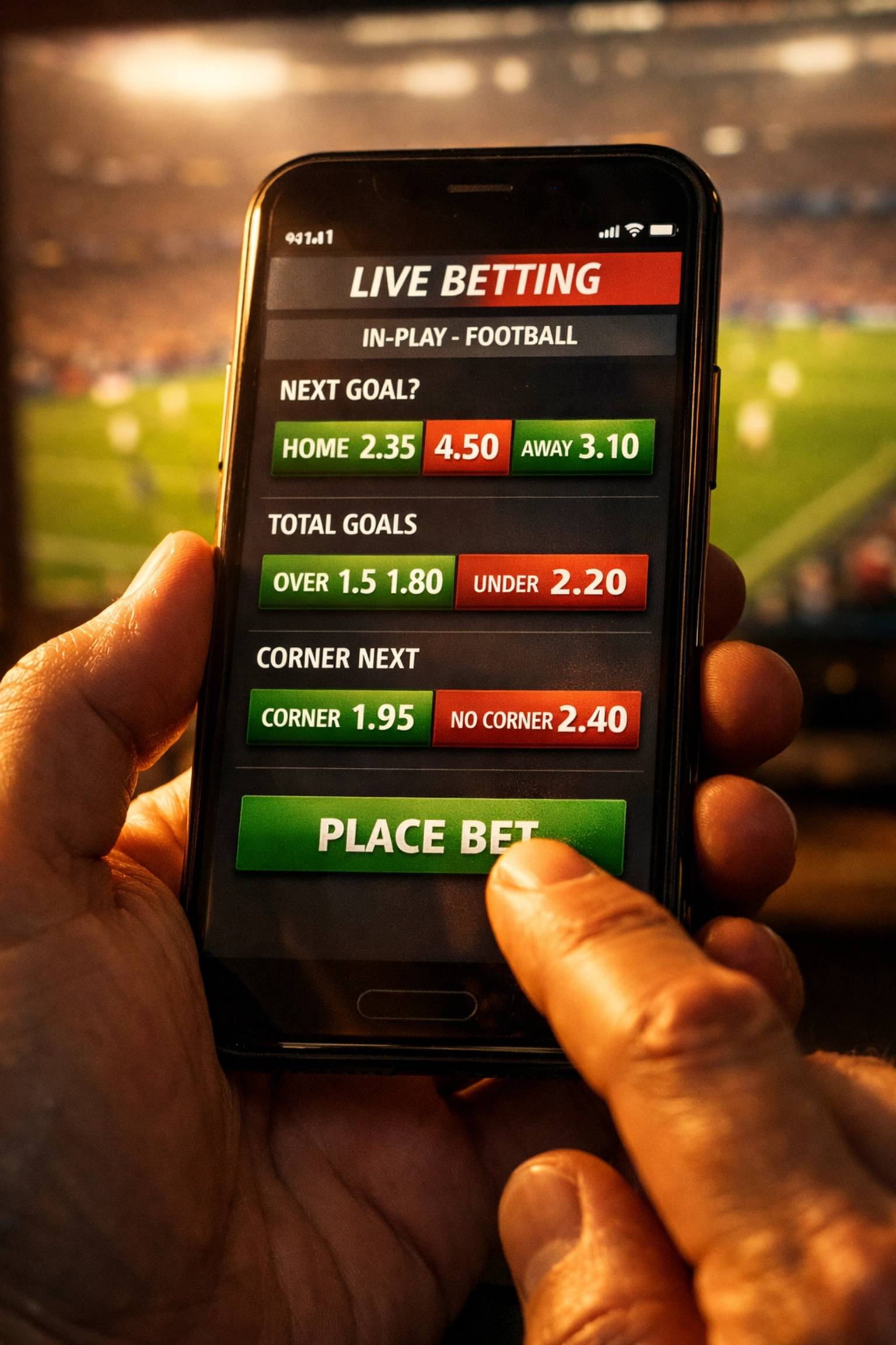 Live Wetten App mit sich ändernden Quoten während eines Fußballspiels