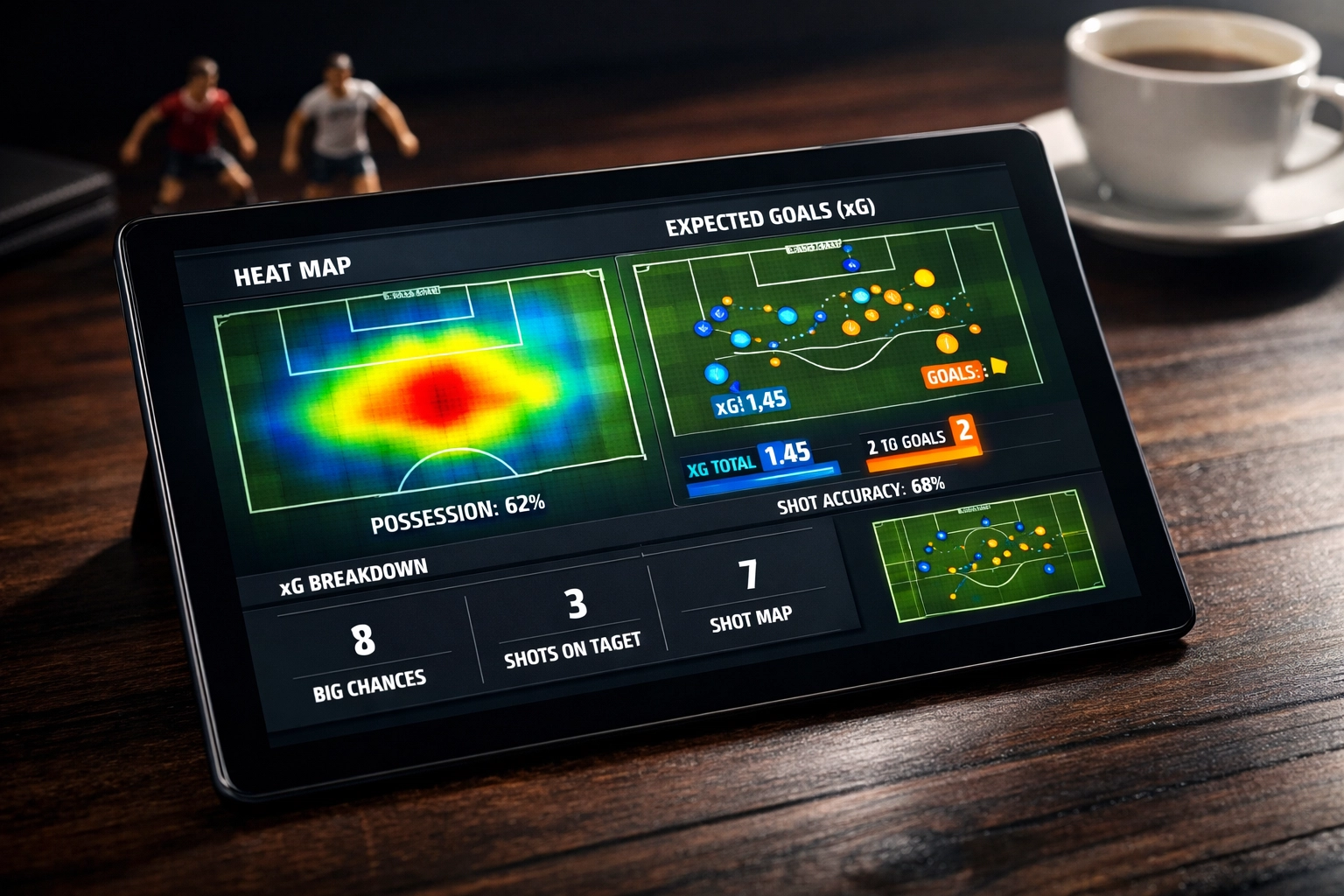 Football Analytics Dashboard mit xG-Statistiken und Heatmaps auf Tablet-Bildschirm