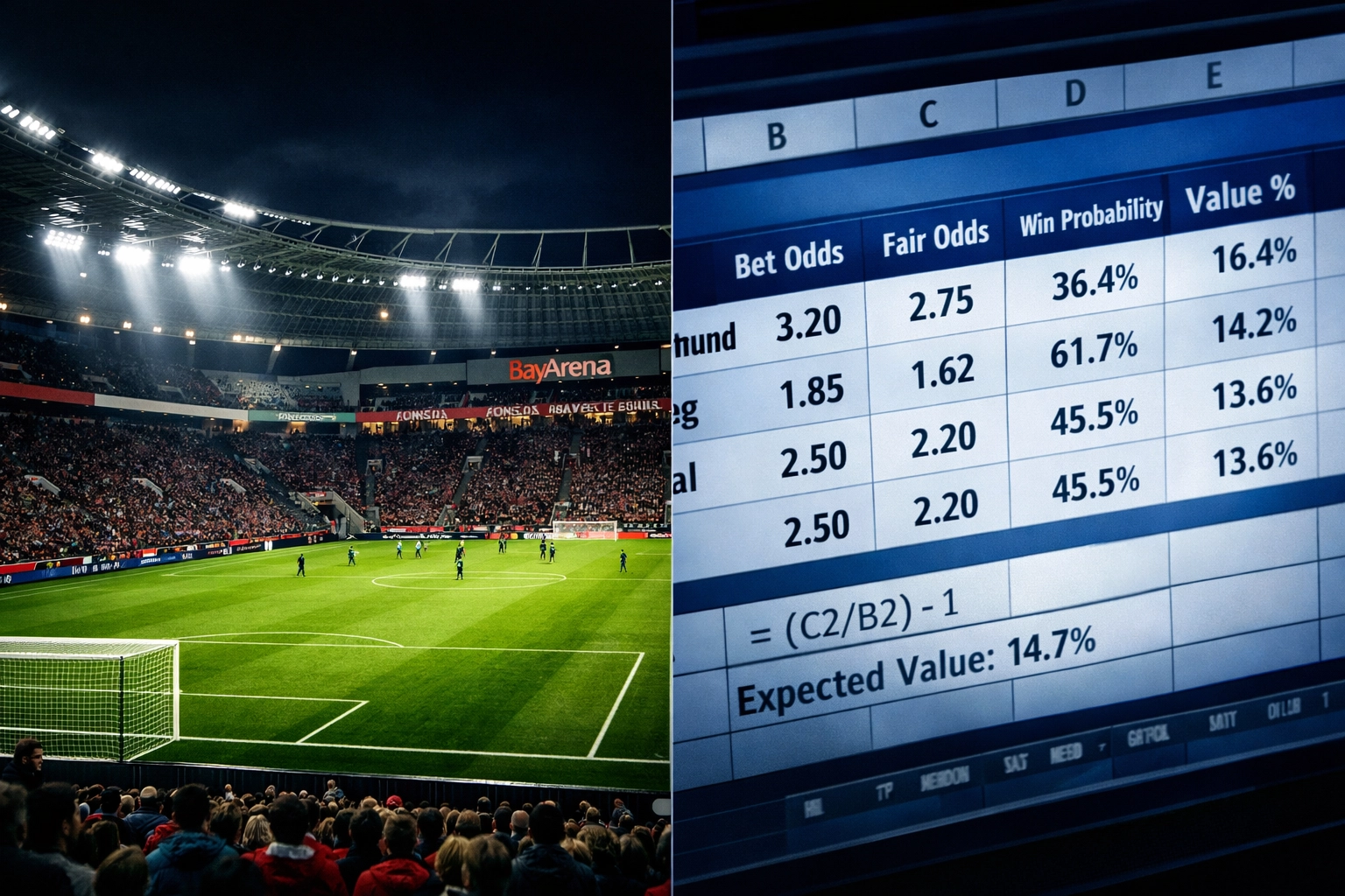 Bundesliga Stadion und Spreadsheet mit Quotenberechnungen für Value Betting Strategie