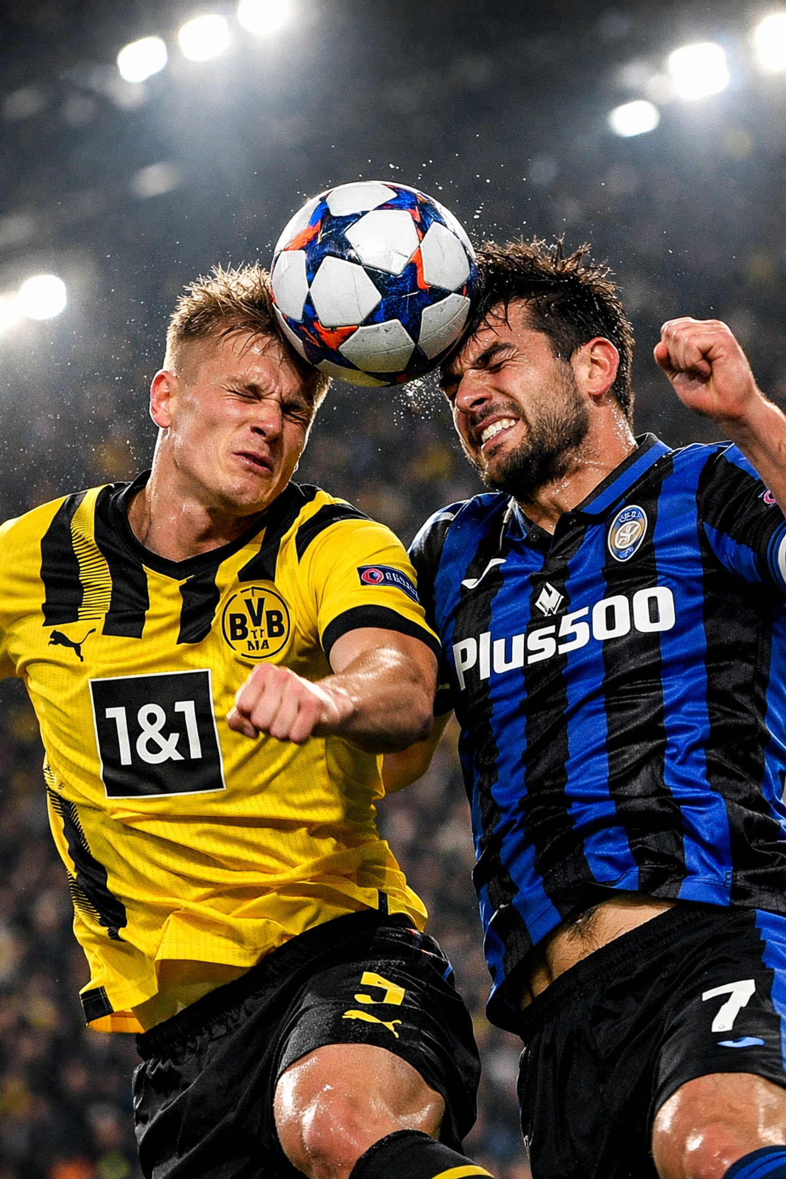 Champions League Zweikampf zwischen BVB und Atalanta Bergamo Spielern