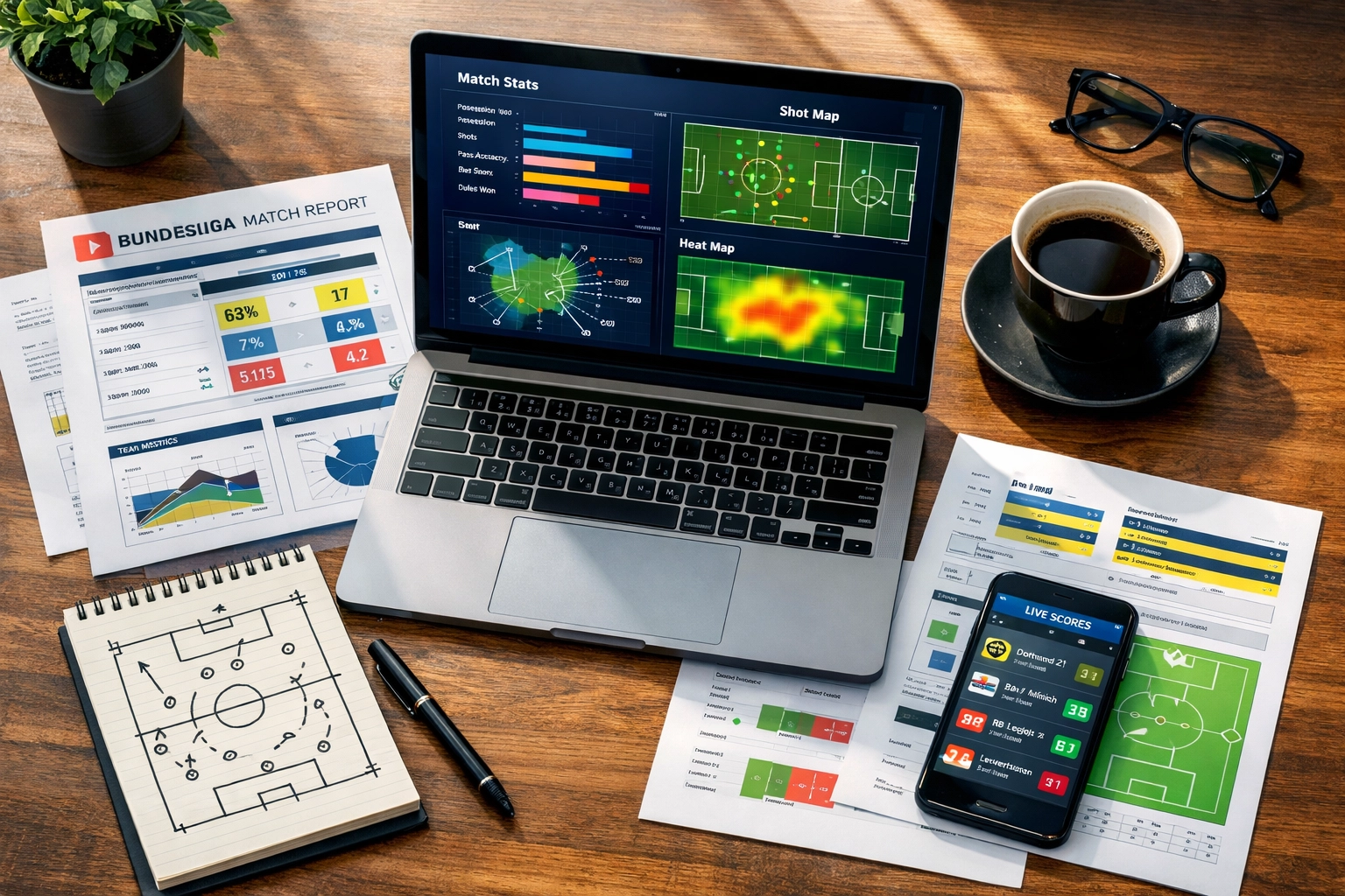 Arbeitsplatz mit Bundesliga-Statistiken und Spielanalyse-Daten auf Laptop