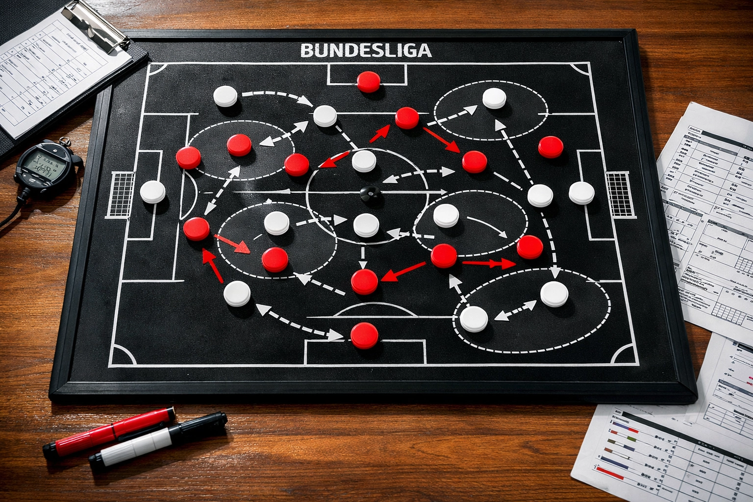 Taktiktafel mit 3-4-3 Formation und Pressing-Bewegungen für Bundesliga-Analyse