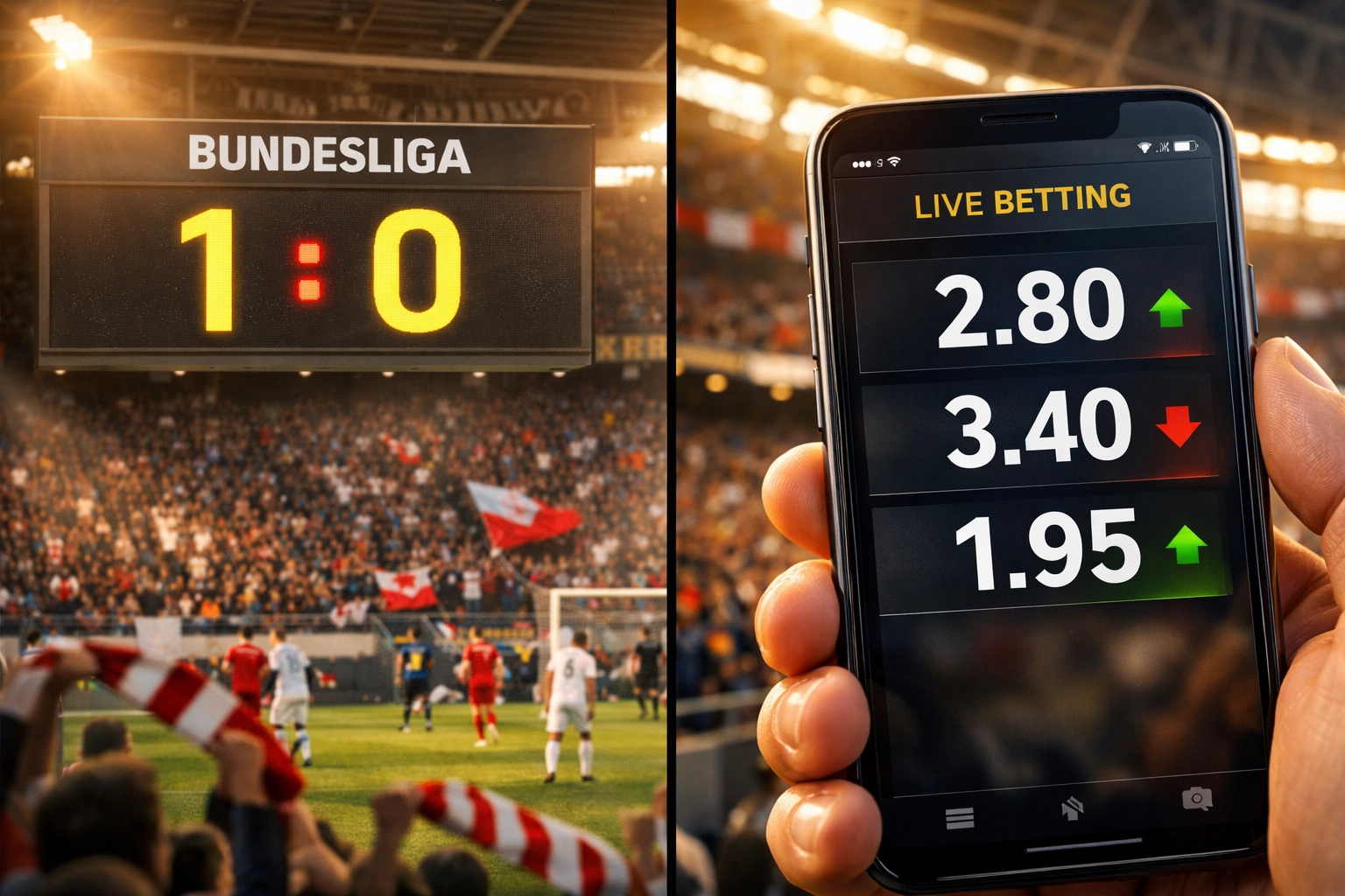 Live-Wetten im Bundesliga-Stadion mit Quotenänderungen auf Smartphone-Display