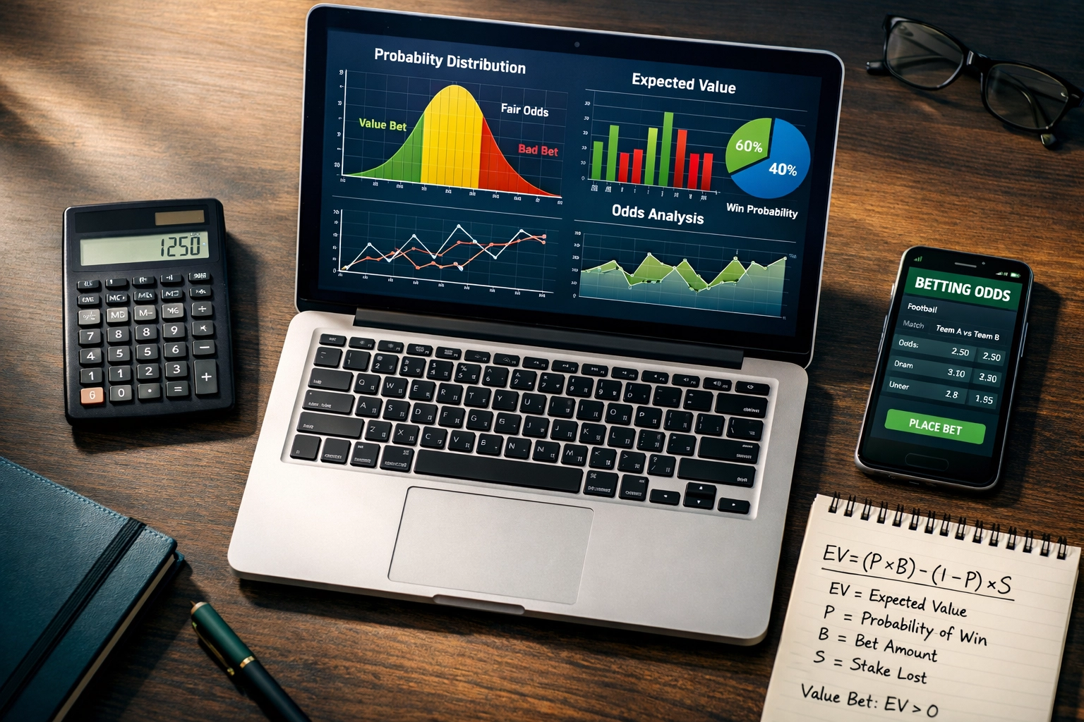 Arbeitsplatz für Value Betting Analyse mit Laptop, Statistiken und Quotenberechnungen