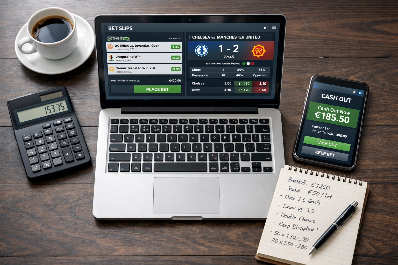 Strategische Wettenanalyse mit Laptop, Statistiken und Cash-Out Berechnung