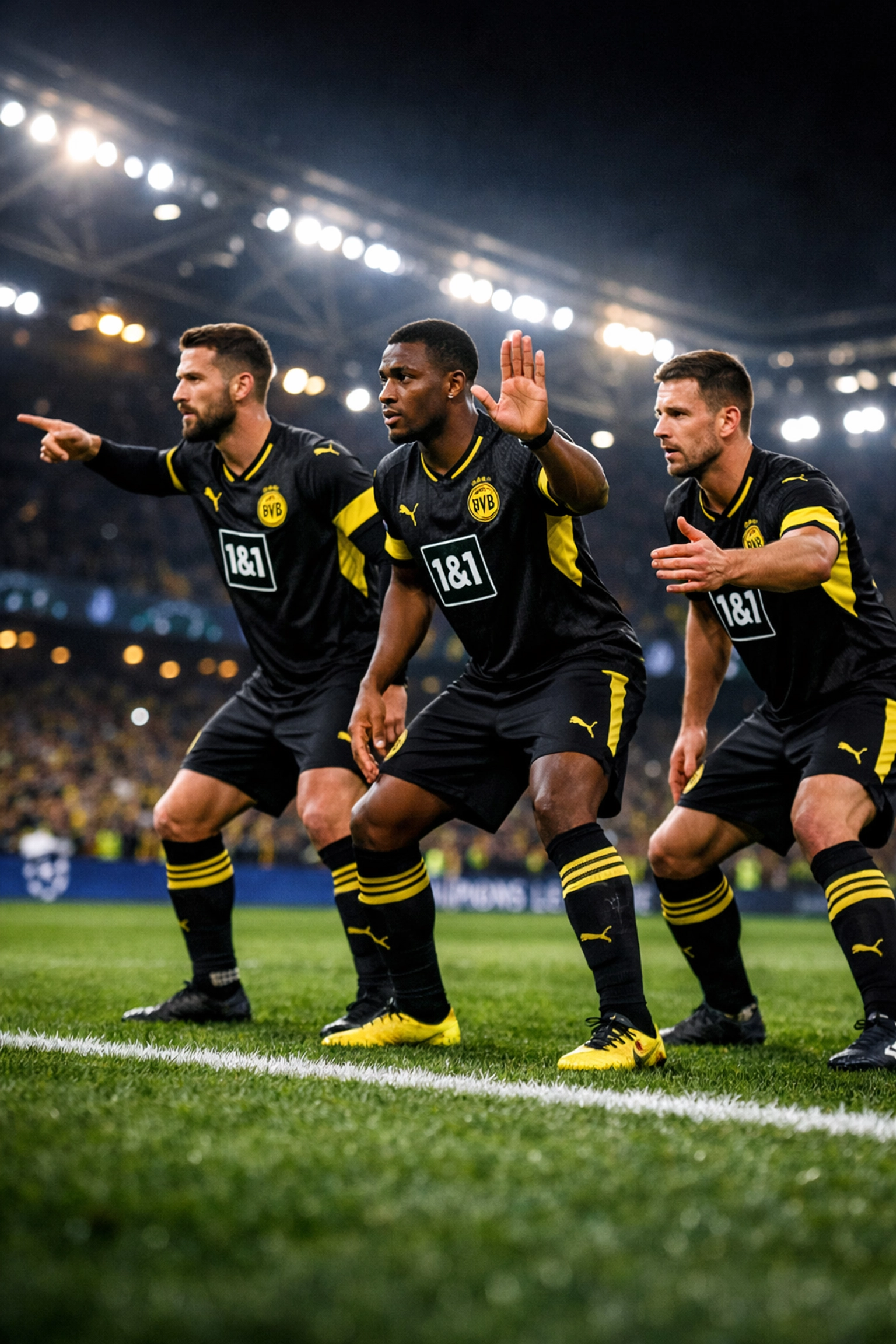 BVB-Dreierkette in Champions-League-Formation auf dem Spielfeld