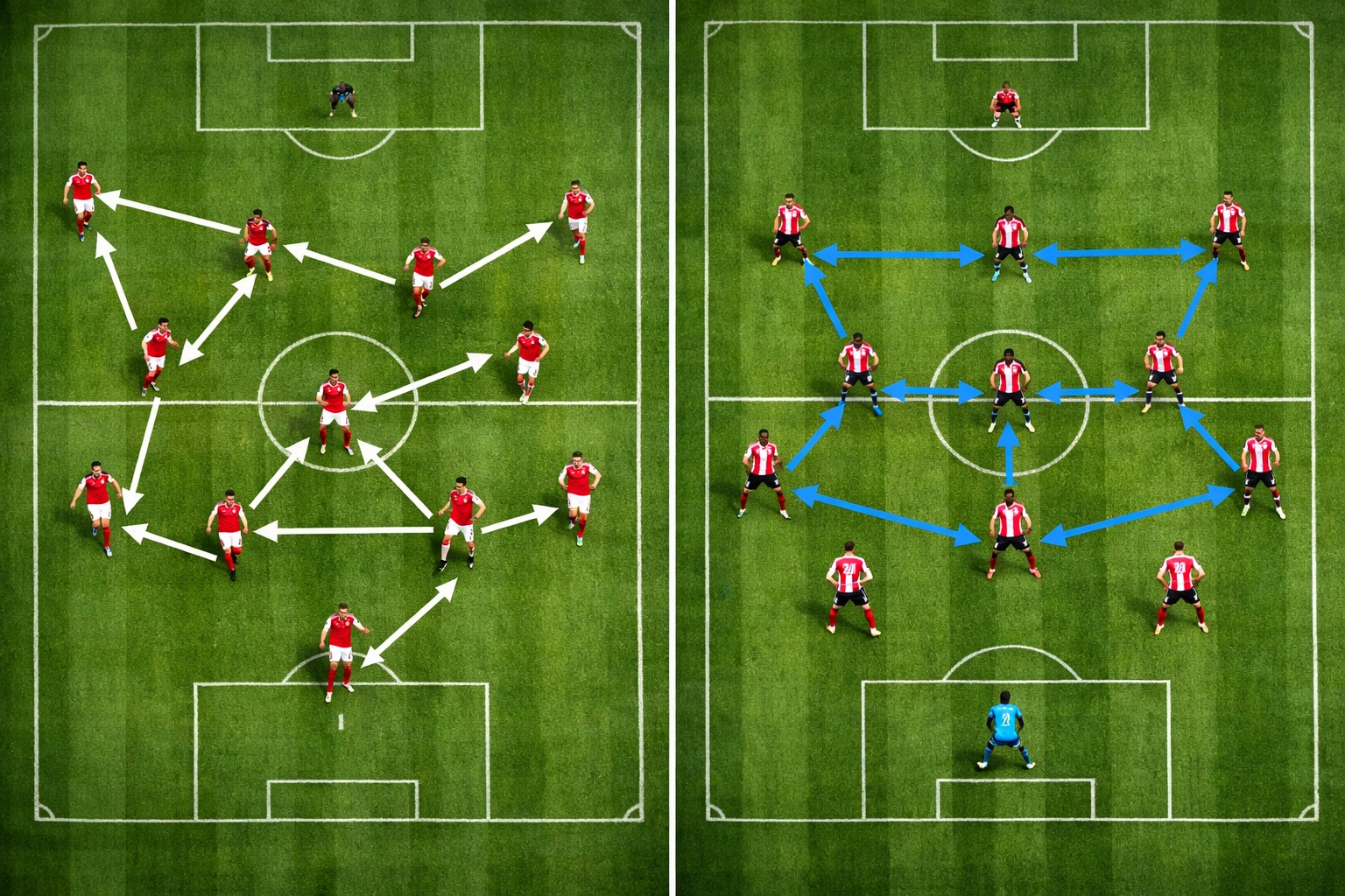 Taktischer Systemvergleich Arsenal 4-3-3 gegen Bayern München 4-2-3-1 Formation aus der Vogelperspektive