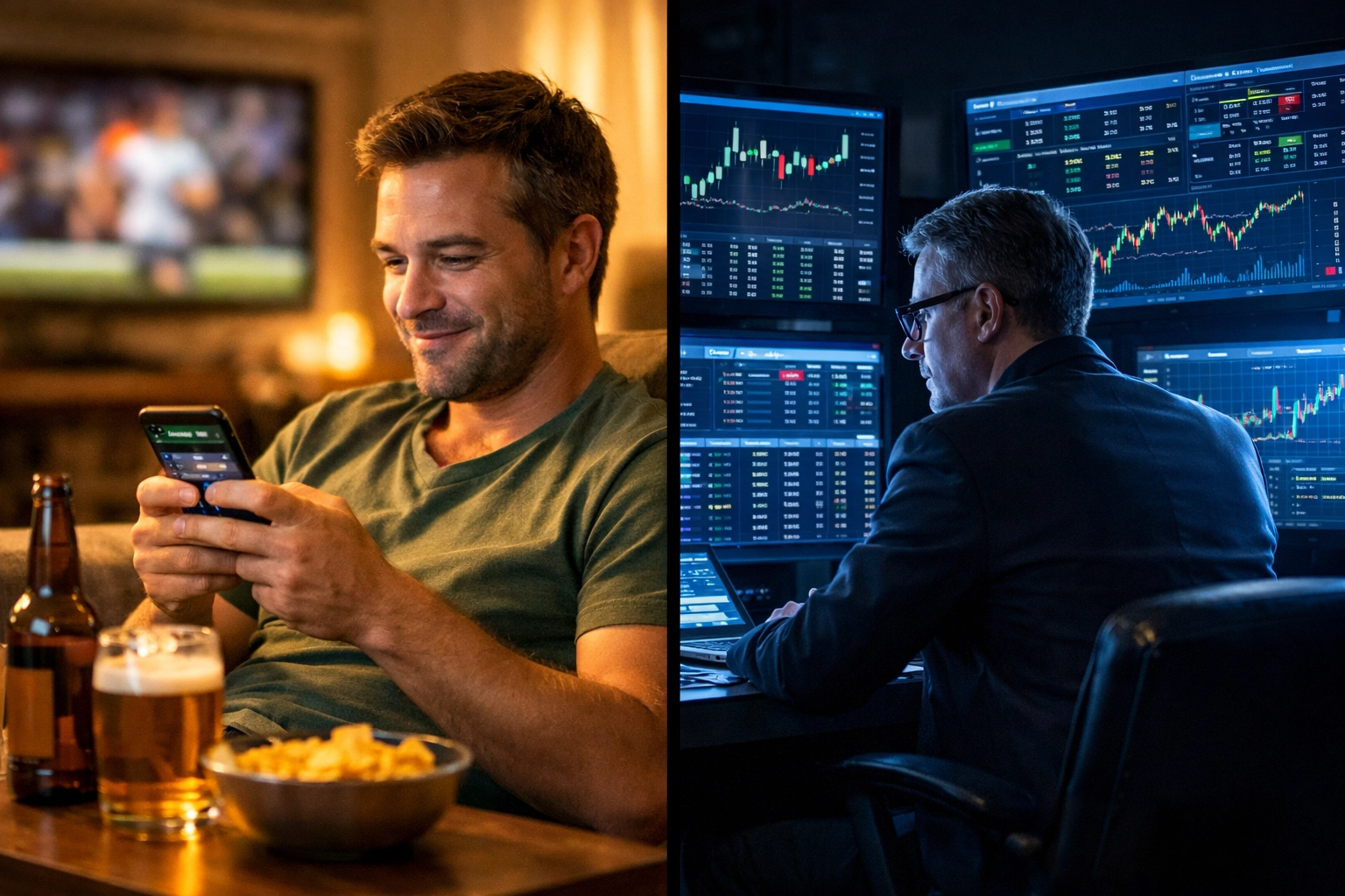 Vergleich zwischen Freizeitwetter und professionellem Wettanalysten mit Datenbildschirmen