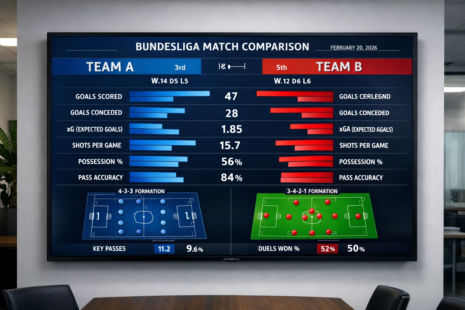 Vergleichende Statistik-Analyse zweier Bundesliga Teams mit Performance-Daten