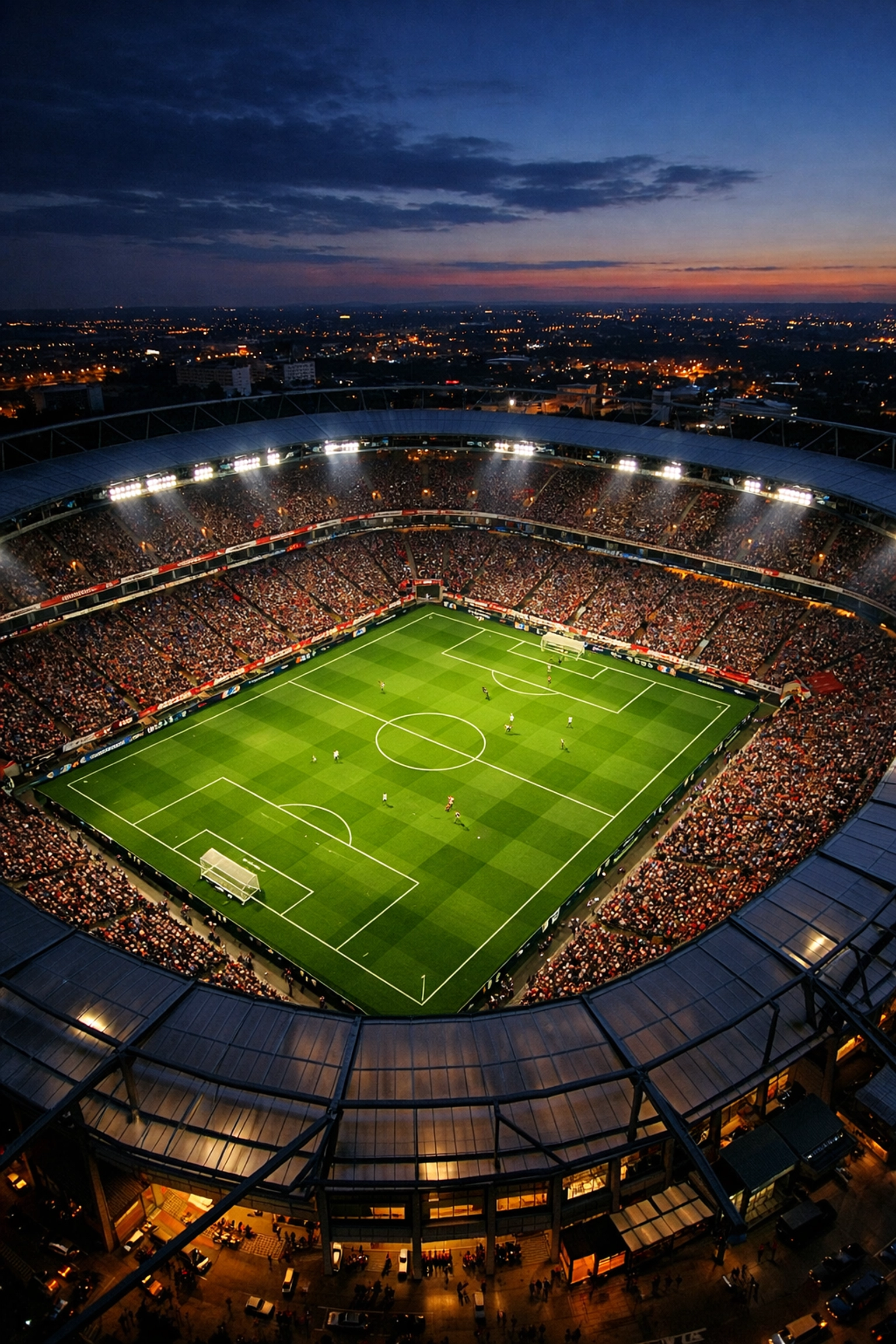 Bundesliga stadium aerial view during evening match showing packed stands and illuminated pitch