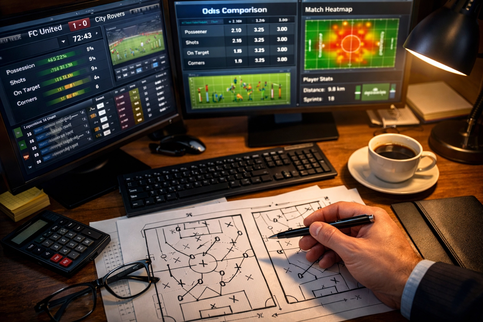 Sportwetten-Analyse mit Statistiken und Quoten-Vergleich auf mehreren Monitoren