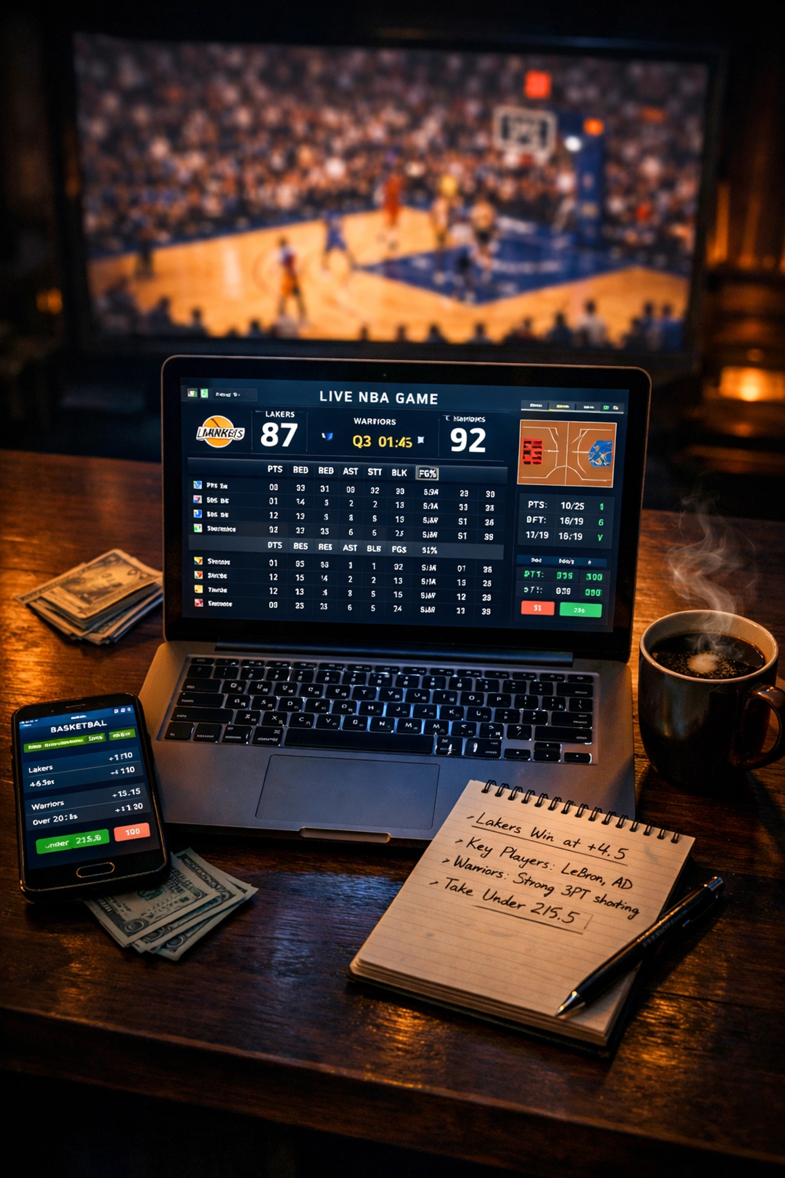 Professionelles Sportwetten-Setup mit Laptop, Smartphone und NBA-Statistiken für Live-Wetten nachts