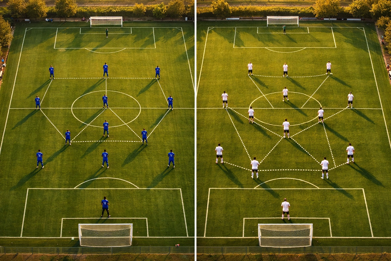 Vergleich 4-3-3 Formation und invertiertes Mittelfeld aus der Vogelperspektive