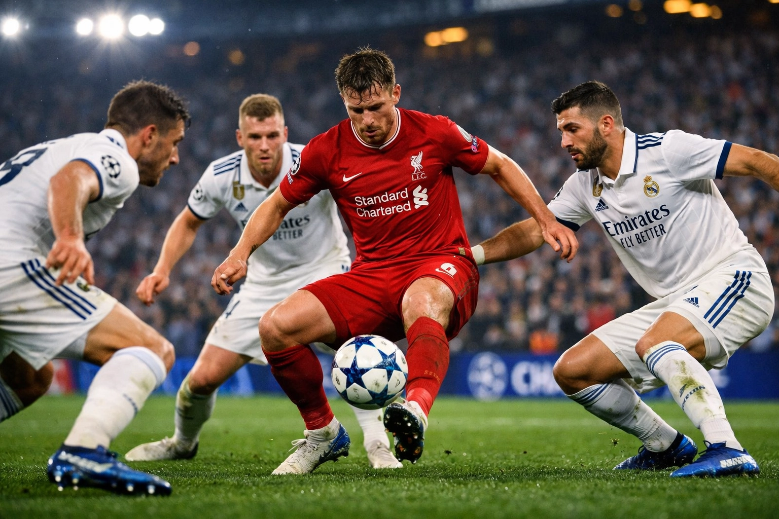 Champions League Pressingfalle im Moment der Ausführung mit mehreren Gegenspielern