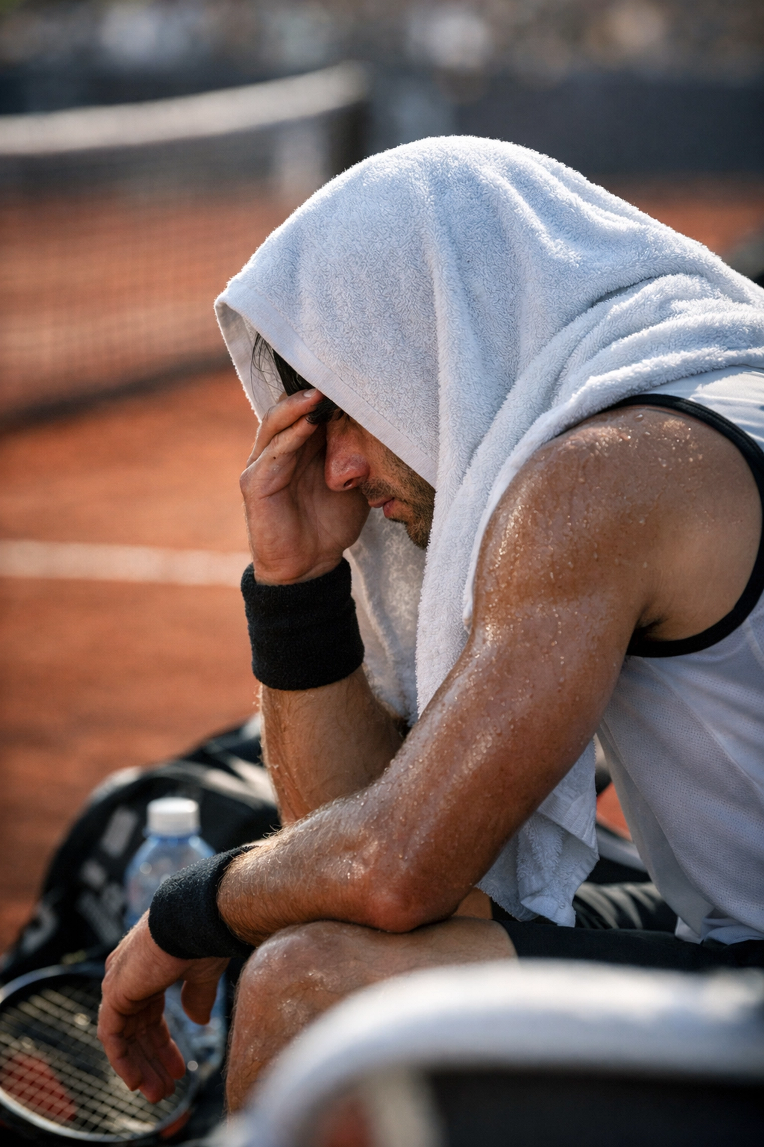 Erschöpfter Tennisspieler bei der Pause verdeutlicht mentalen Druck bei Break-Point-Wetten.