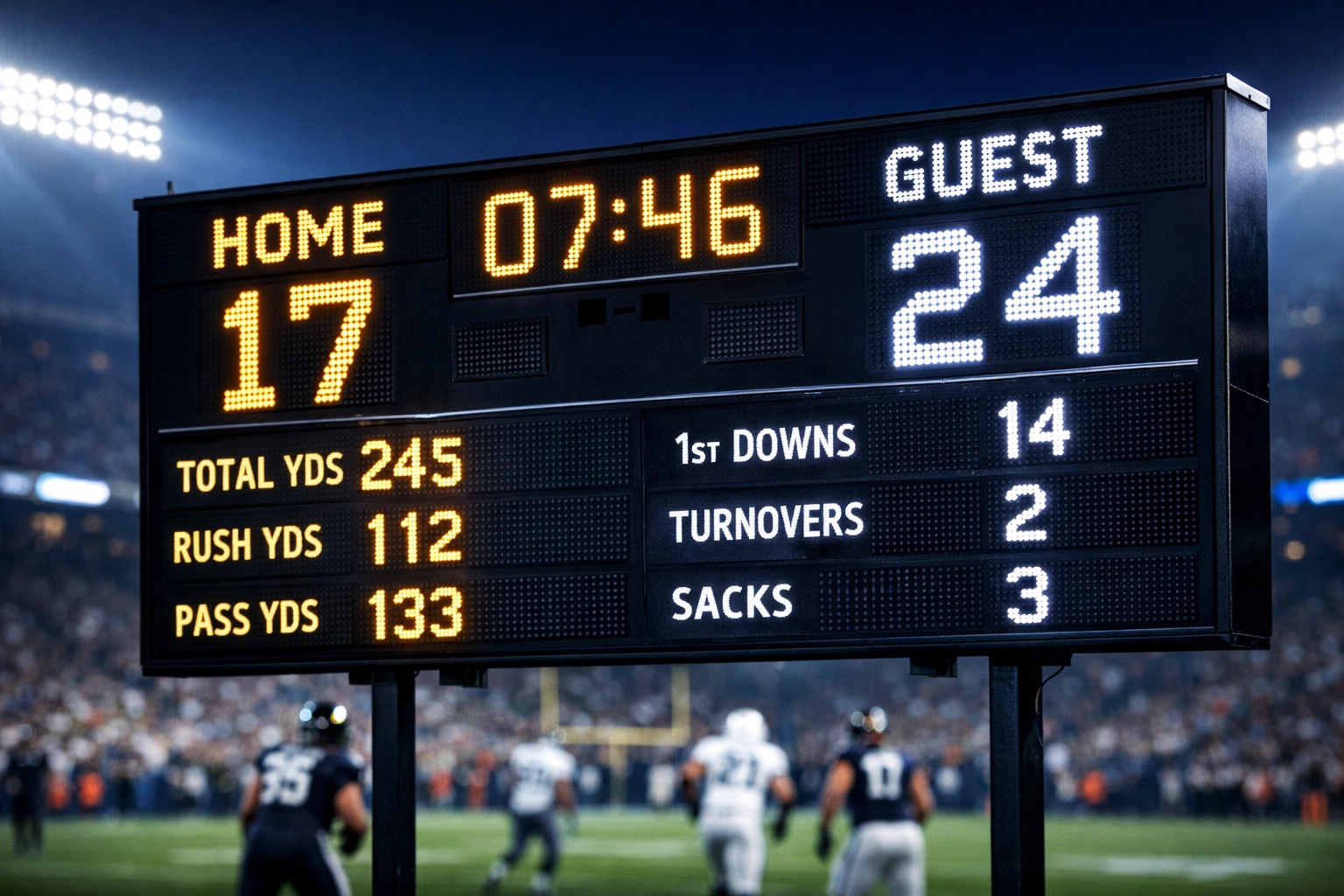 Fußballstadion-Anzeigetafel mit Live-Statistiken und Spielanalyse-Daten bei Nacht