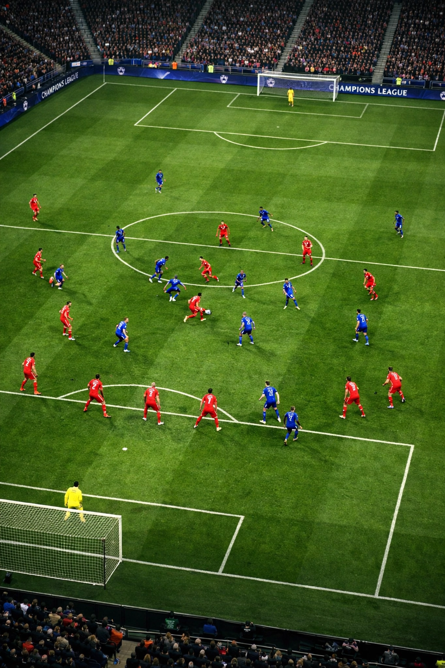 Luftaufnahme Champions League Pressing-Taktik mit Mann-gegen-Mann-Deckung über das gesamte Spielfeld