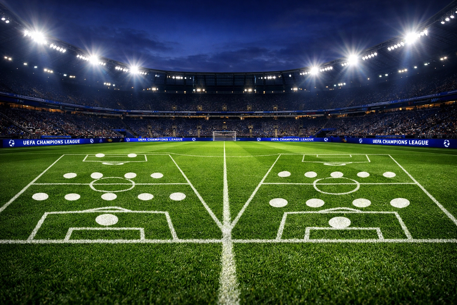 Champions League Stadion mit markierten Formationen 3-2-4-1 und 4-3-3 auf dem Rasen