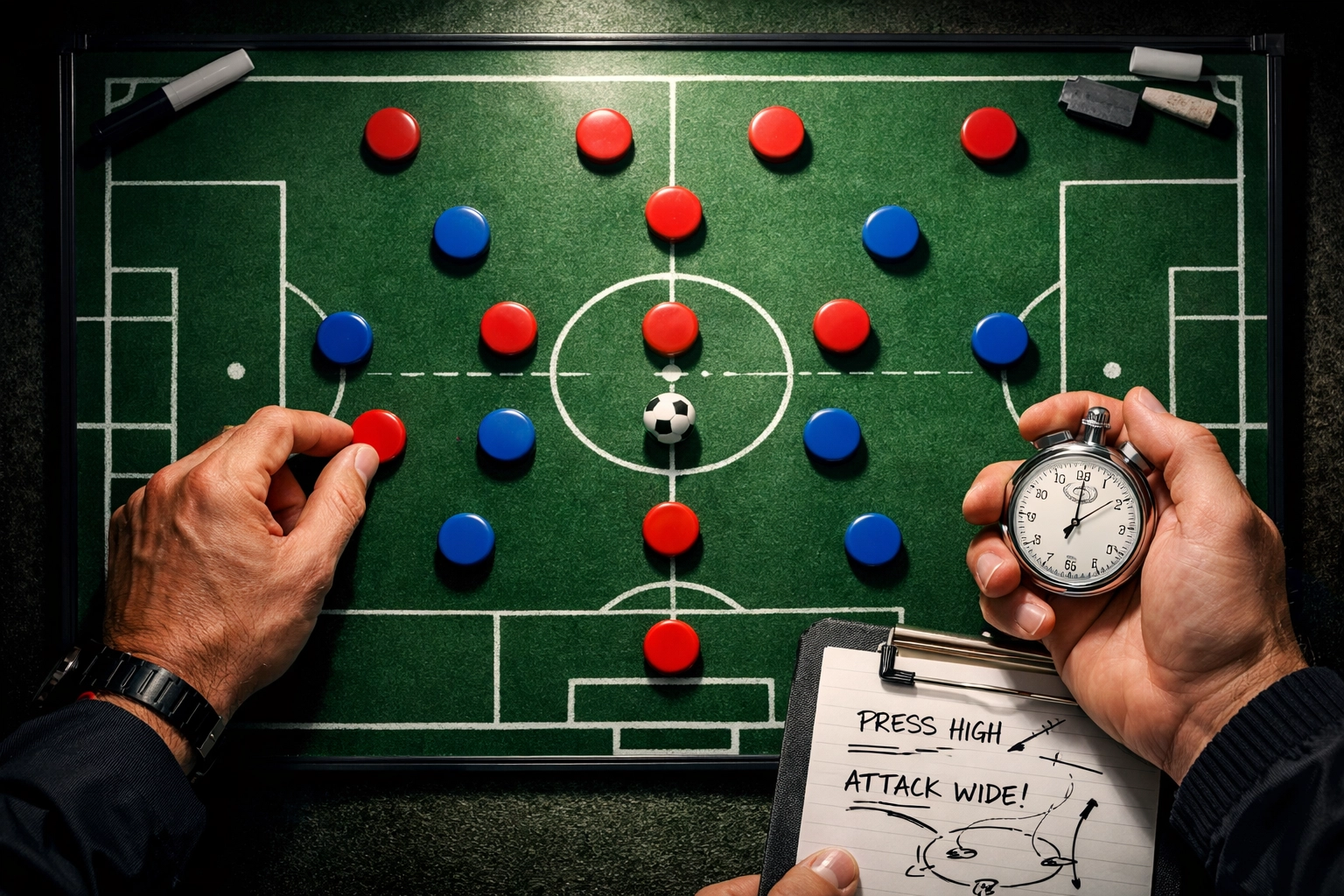 Taktiktafel mit Formationsänderung zeigt Systemumstellung im Bundesliga-Spiel