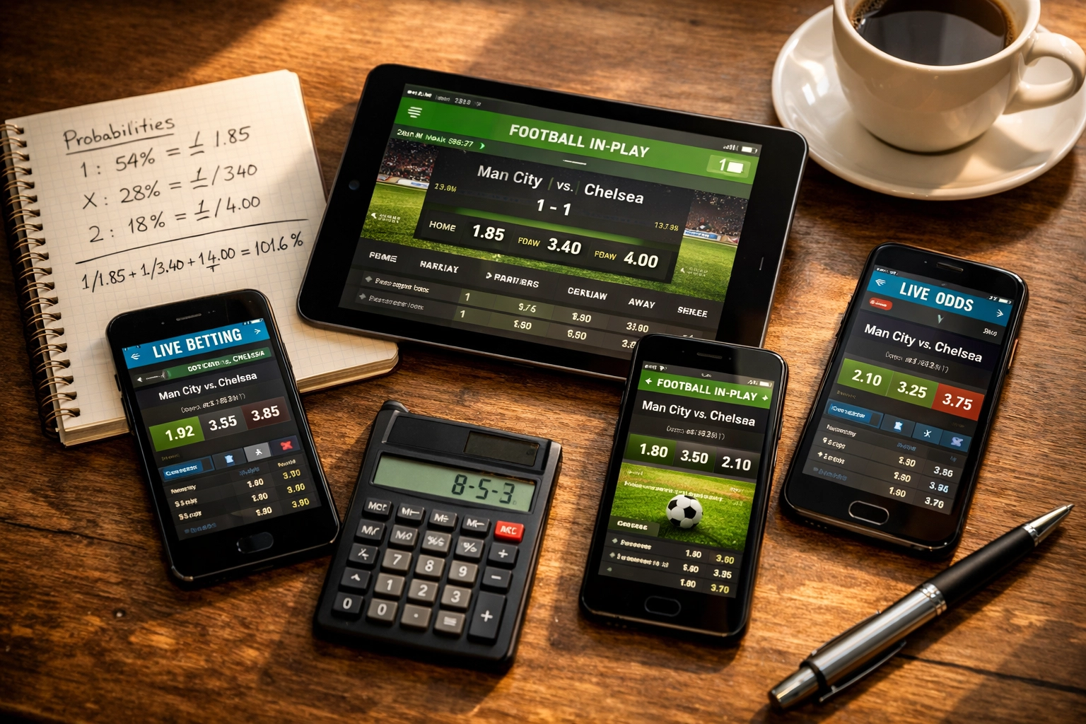 Quotenvergleich mehrerer Buchmacher mit handschriftlichen Wahrscheinlichkeitsberechnungen