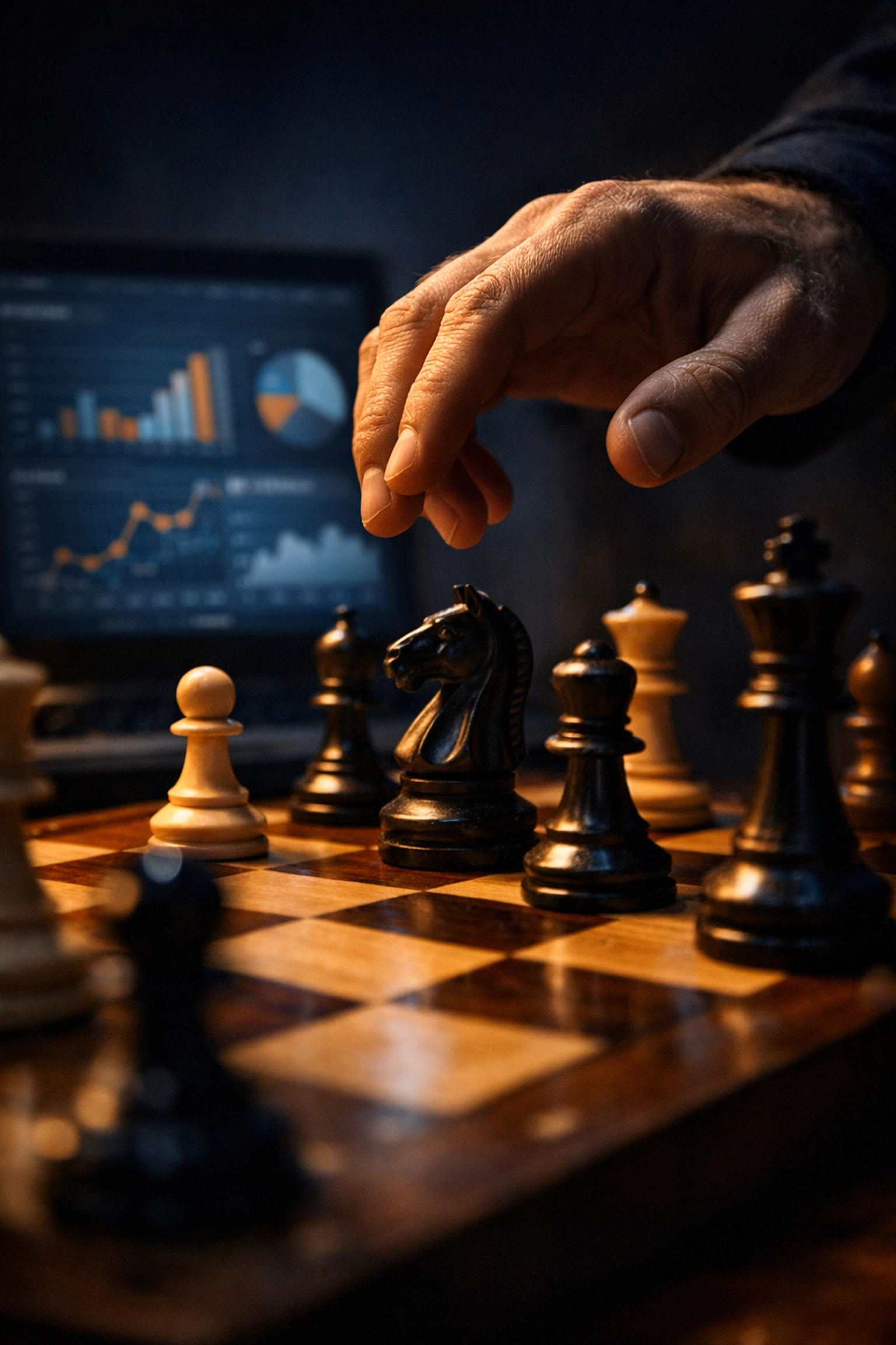 Schachbrett mit zögernder Hand symbolisiert Entscheidungsfindung bei Sportwetten und Illusion der Kontrolle