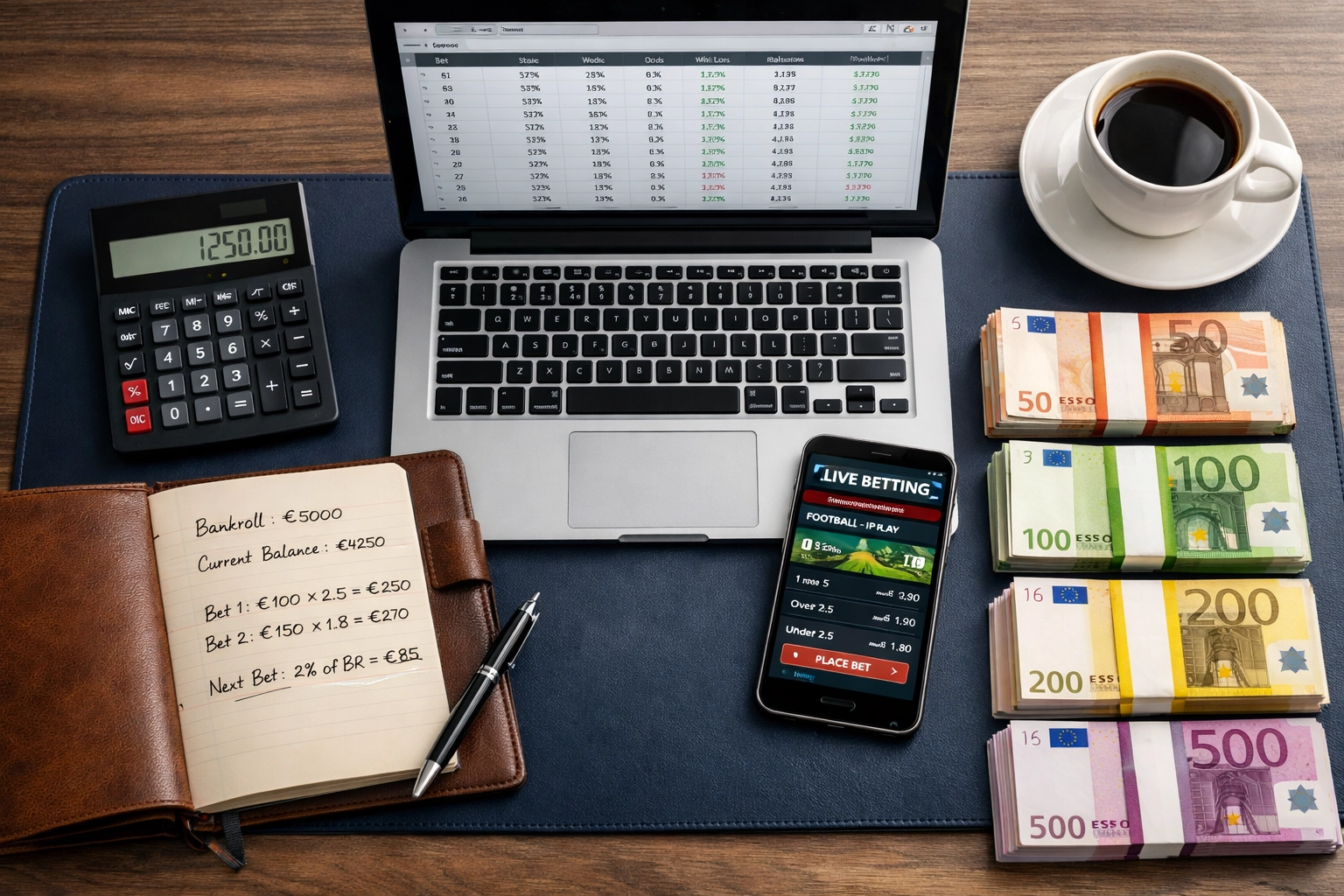 Bankroll-Management Arbeitsplatz mit Laptop, Wettapp und Euro-Banknoten für Sportwetten-Tracking