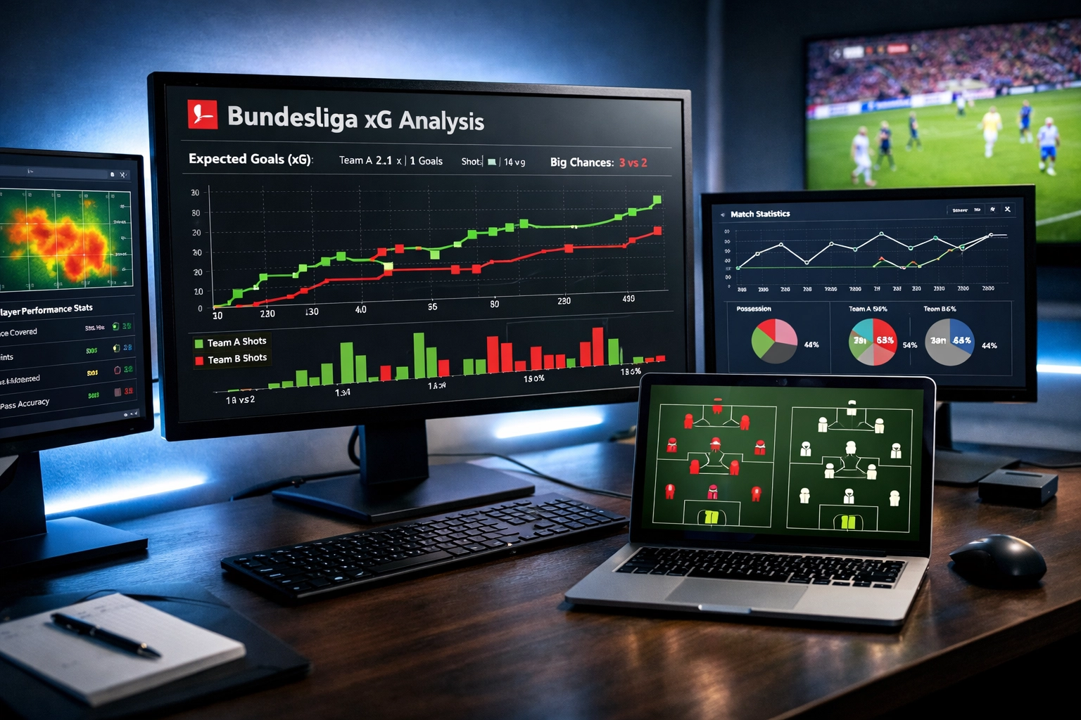 Bundesliga Datenanalyse Arbeitsplatz mit xG-Statistiken und Performance-Grafiken