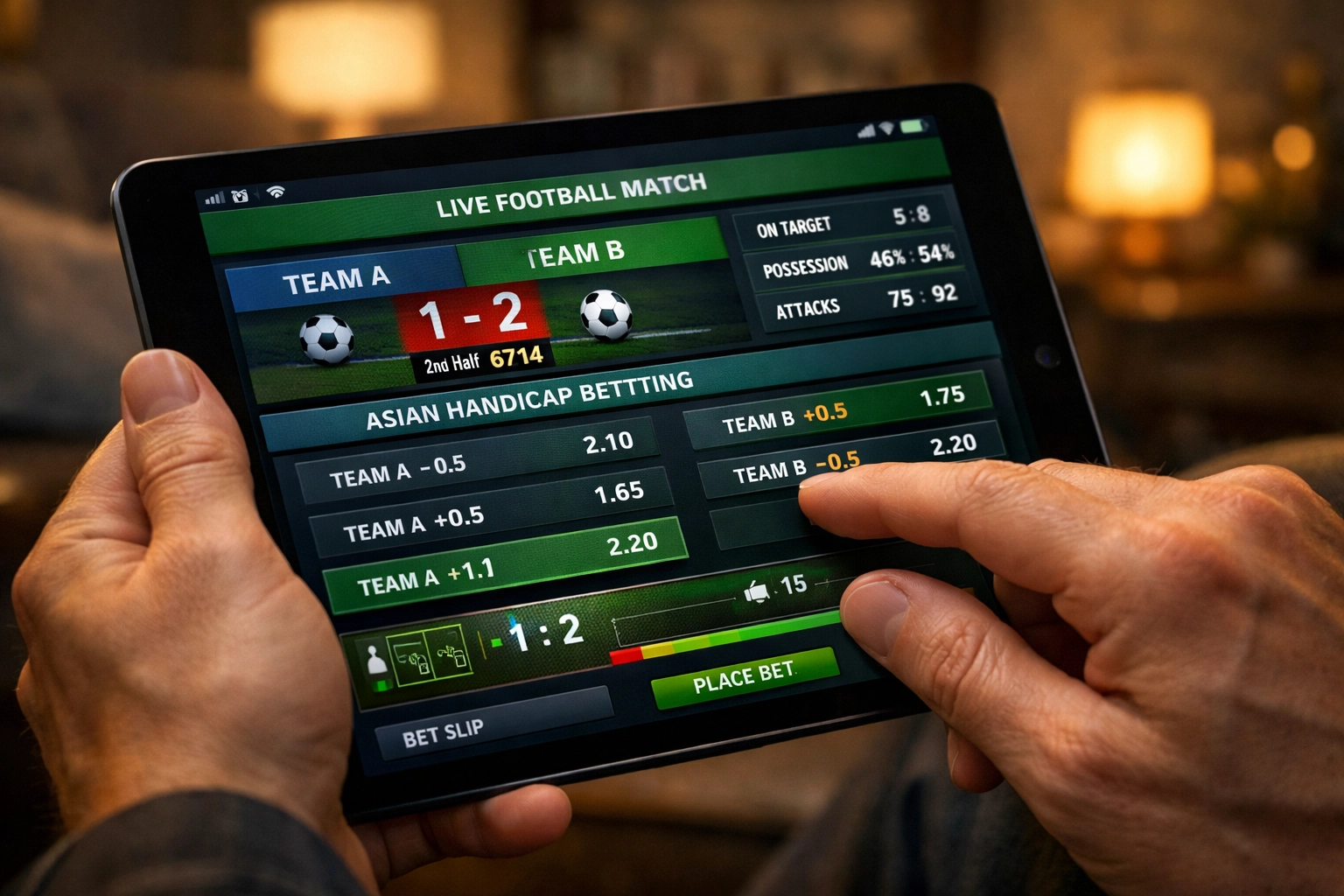 Live Asian Handicap Wetten auf Tablet mit aktuellen Spielstatistiken und Quoten