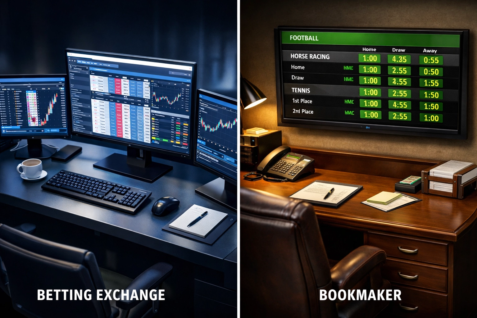Vergleich Wettbörsen und klassische Buchmacher Arbeitsplätze mit Monitoren und Quotensystemen