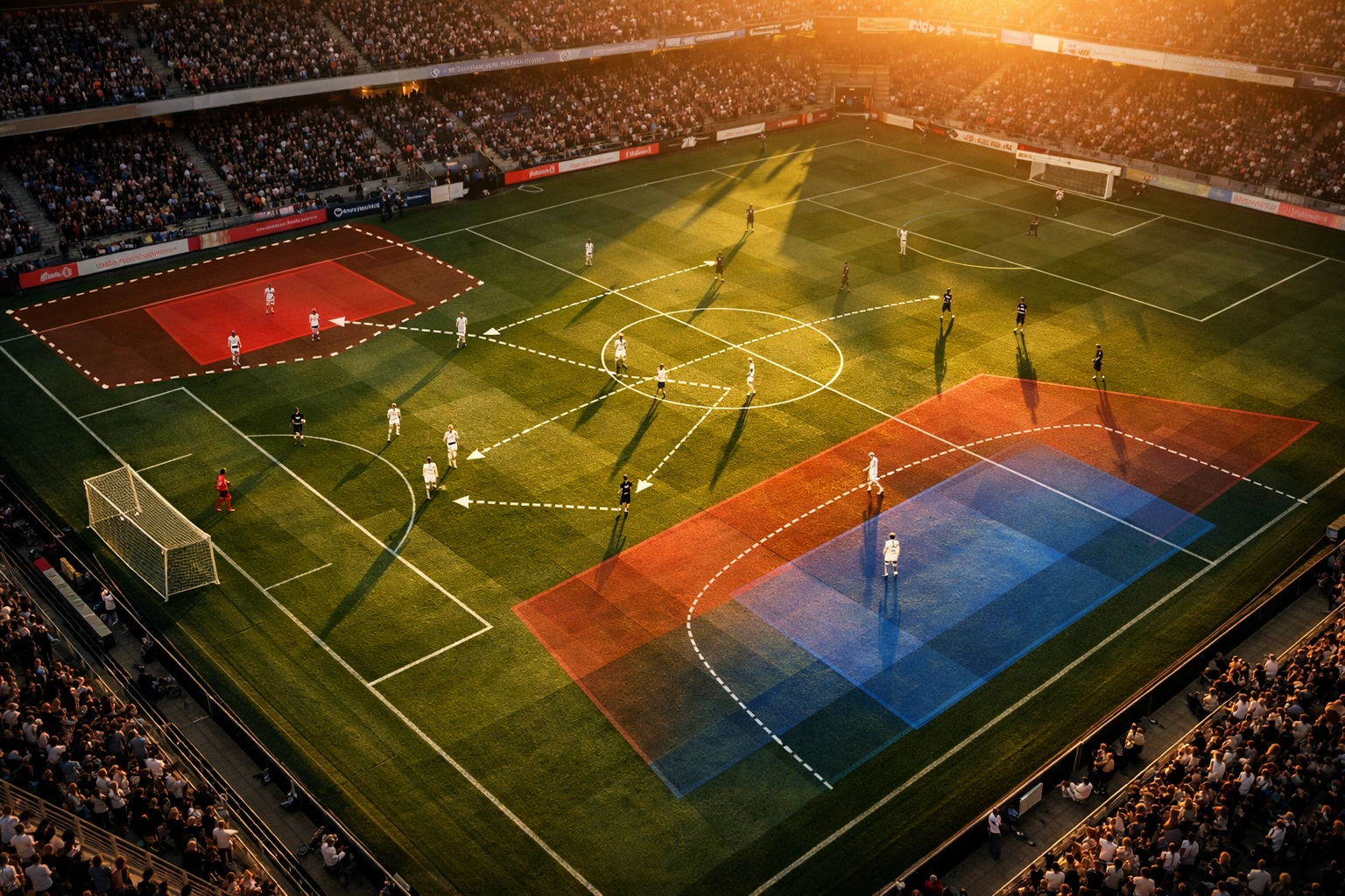 Bundesliga Spielfeld mit taktischen xG-Zonen und Passlinien-Analyse