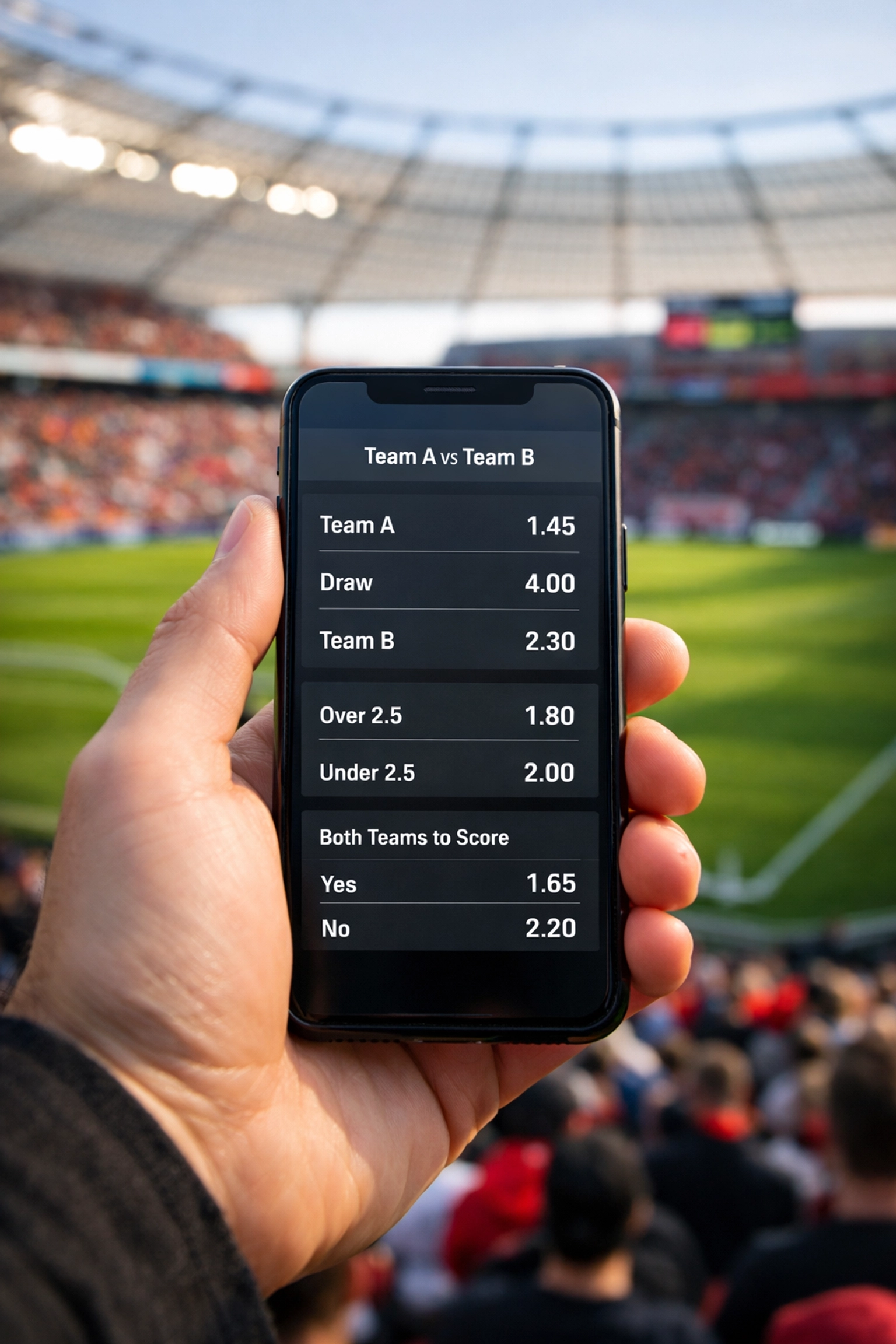 Smartphone mit aktuellen Quoten für Sportwetten in der BayArena vor dem Spiel gegen Mainz.