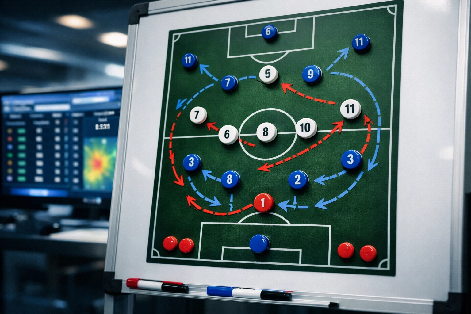 Taktikboard mit 4-3-3 Formation und GPS-Tracking Daten für Bundesliga-Aufstellungsplanung