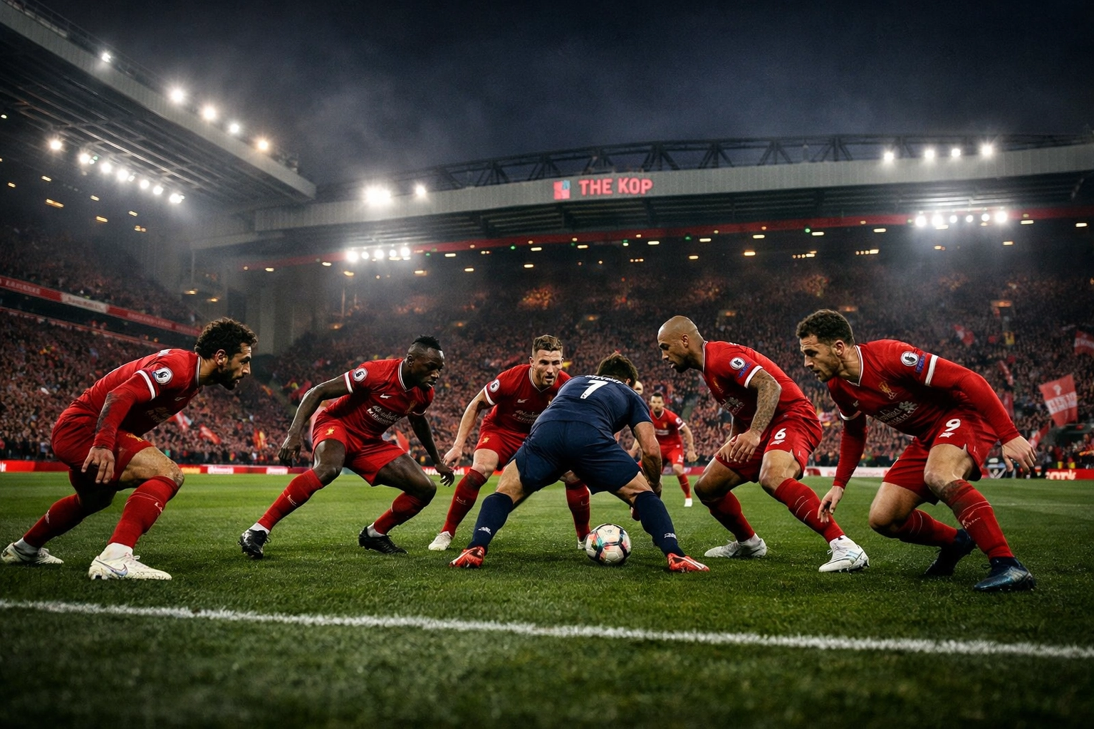 Liverpool Mannschaft beim koordinierten Gegenpressing im Anfield Stadion
