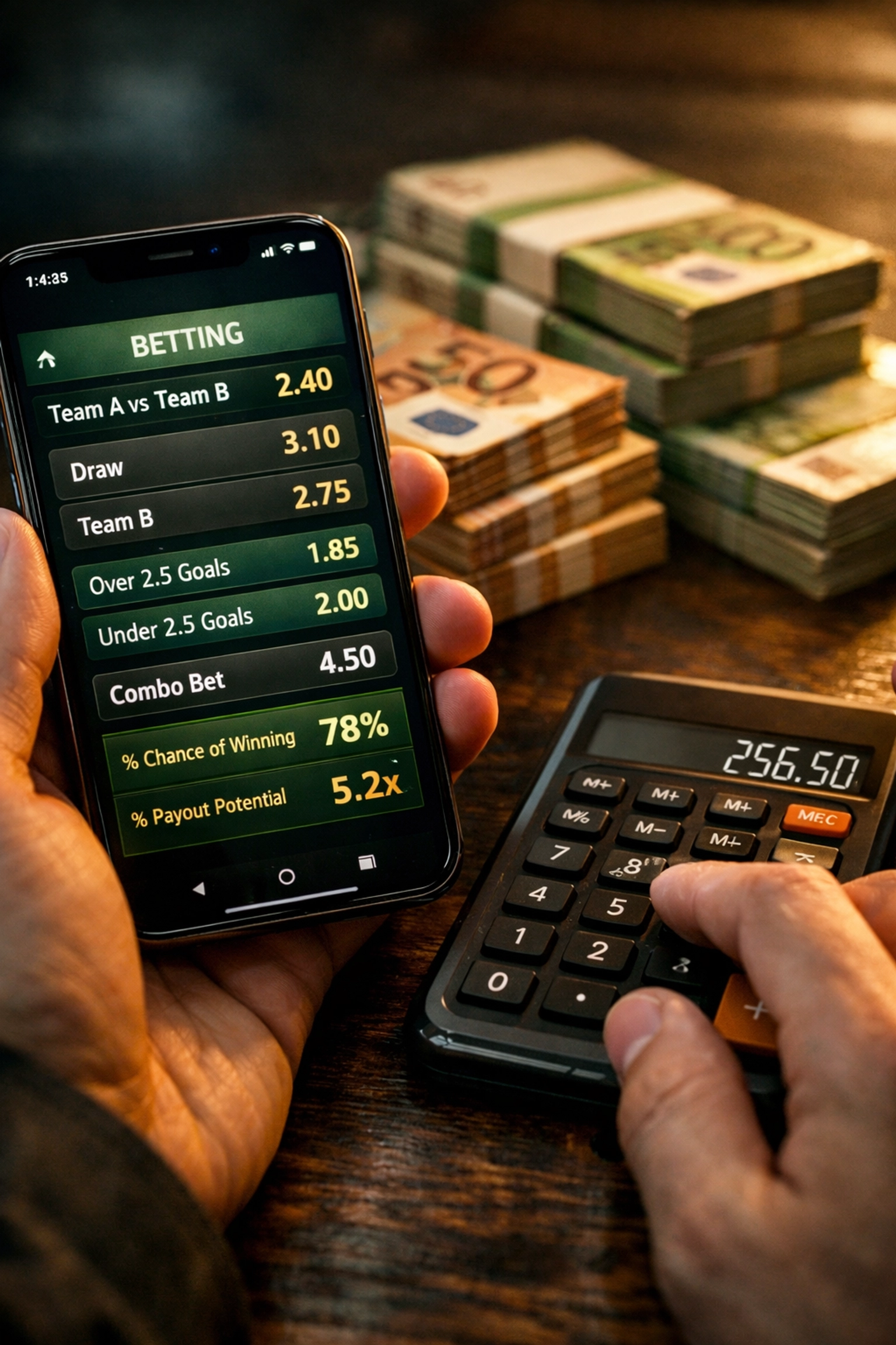 Wettquoten-Berechnung mit Taschenrechner und Sportwetten-App für Value Betting Strategien