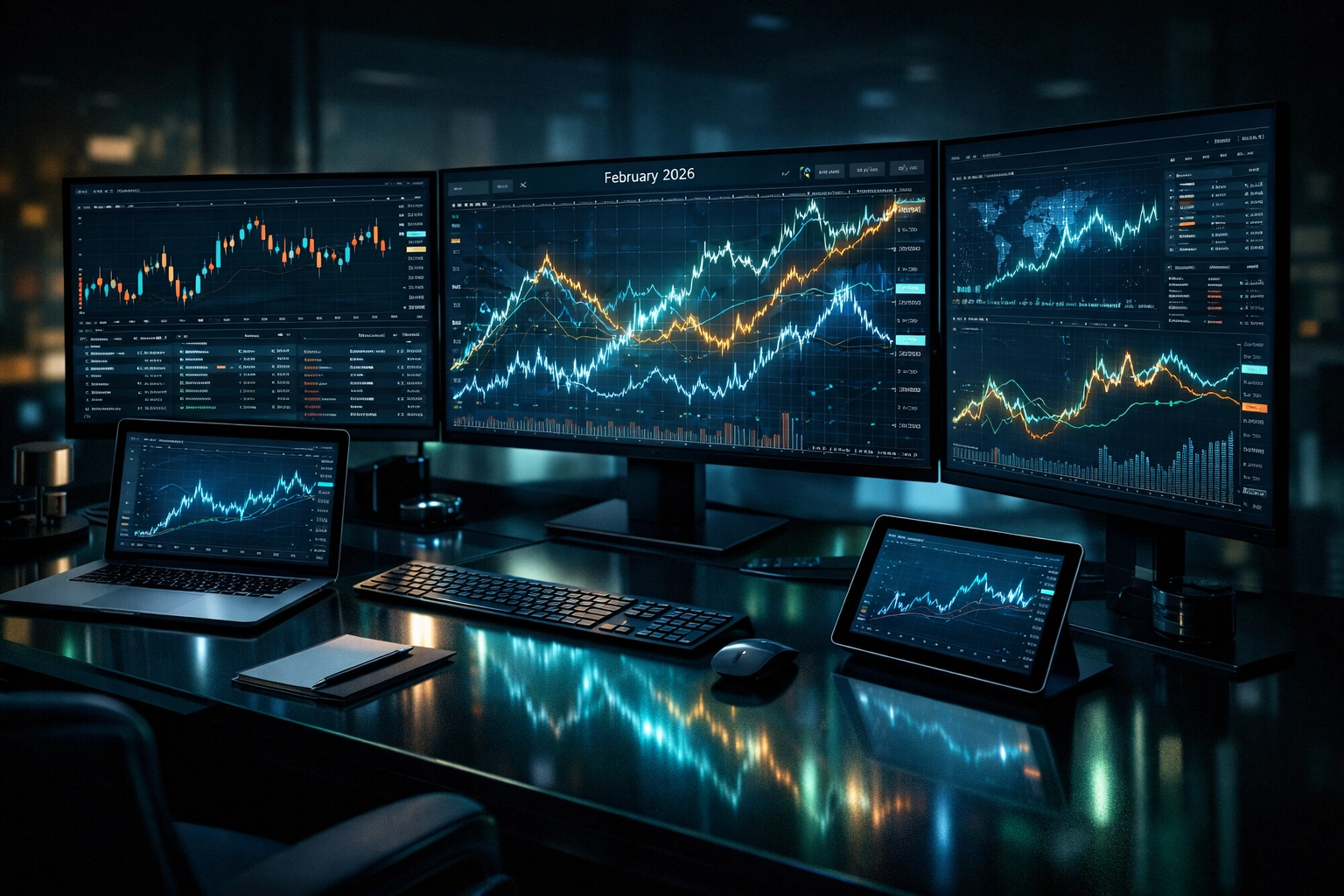 Arbeitsplatz eines Experten zur Analyse von fallenden Quoten und Marktbewegungen im Februar 2026.