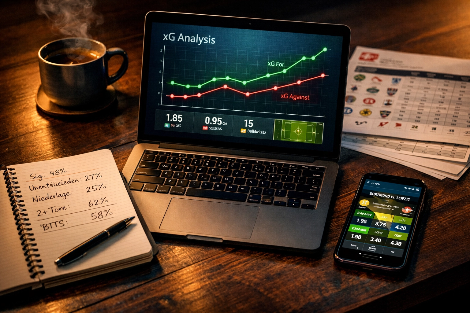 Arbeitsplatz für Bundesliga Wettanalyse mit xG-Statistiken und Quotendaten